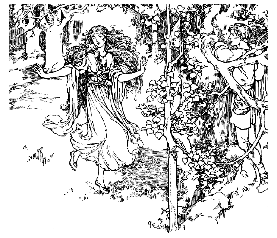 Ancienne illustration d'une déesse parcourant une forêt, semblant perdue