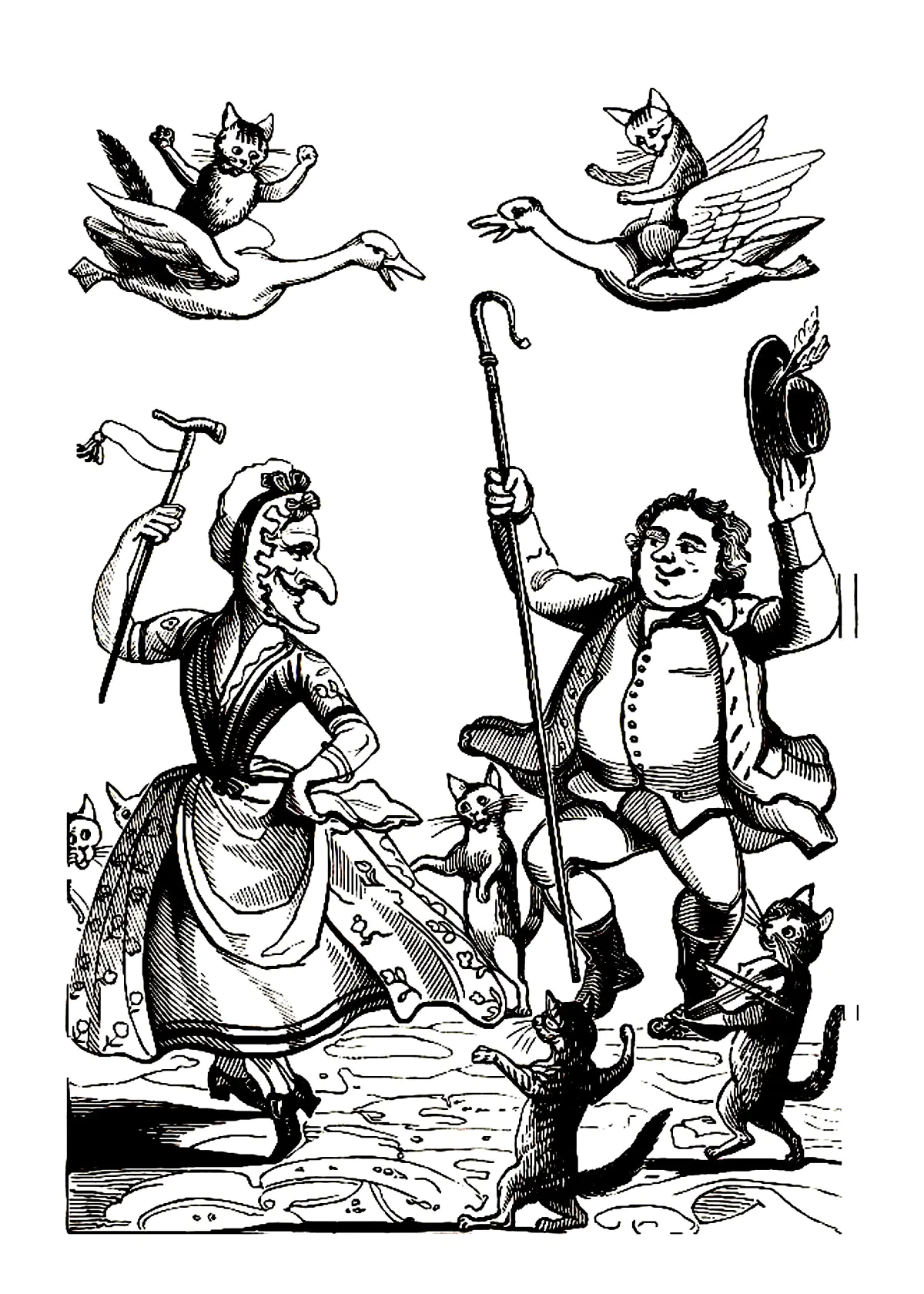 Vintage xylographie kate greenway 1846 1901 extrait de dame wiggins de lee et les sept merveilleux chats (Coloriage à imprimer pour adultes)