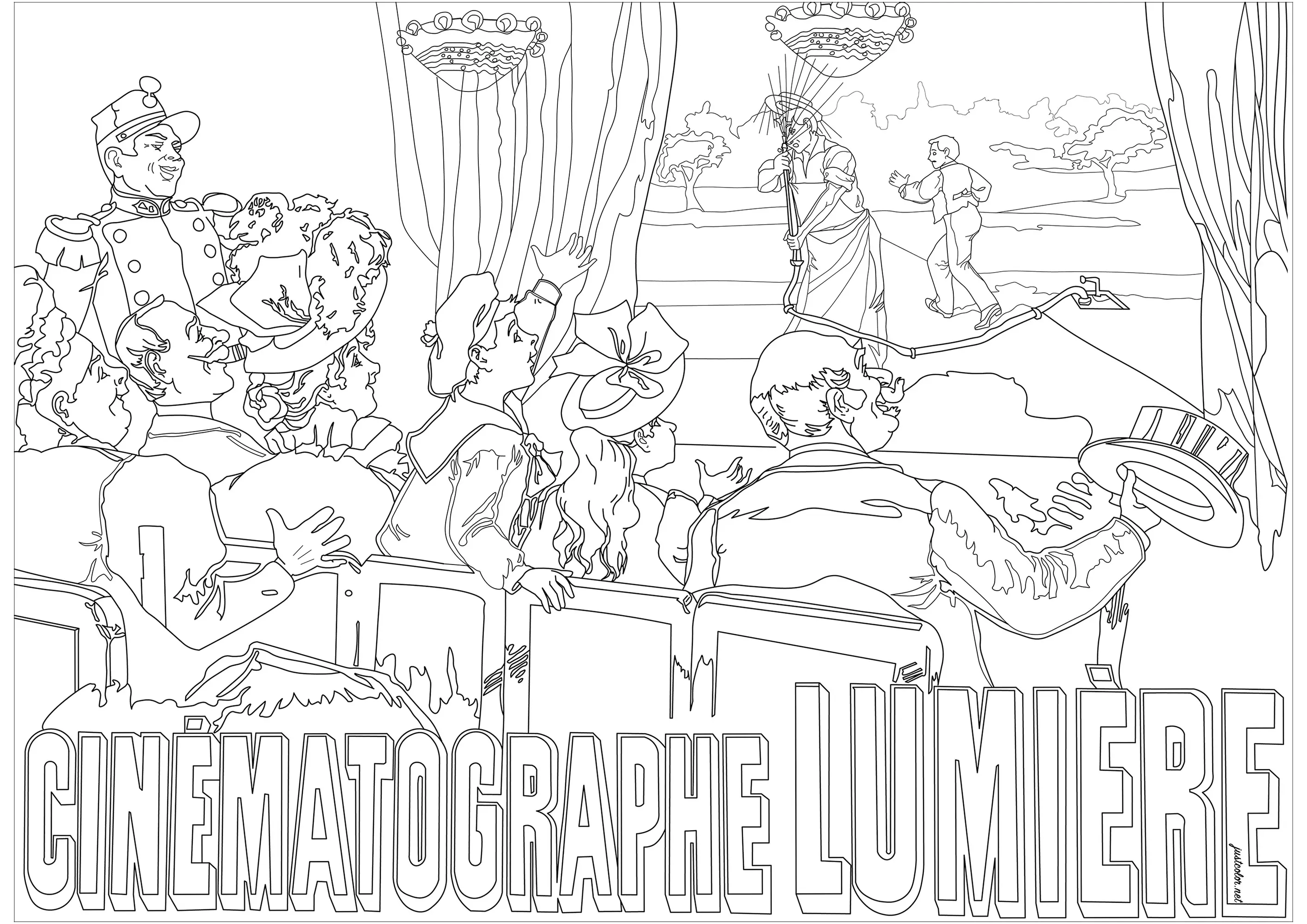 Affiche "Le Cinématographe Lumière" (Coloriage Vintage à imprimer pour adultes)