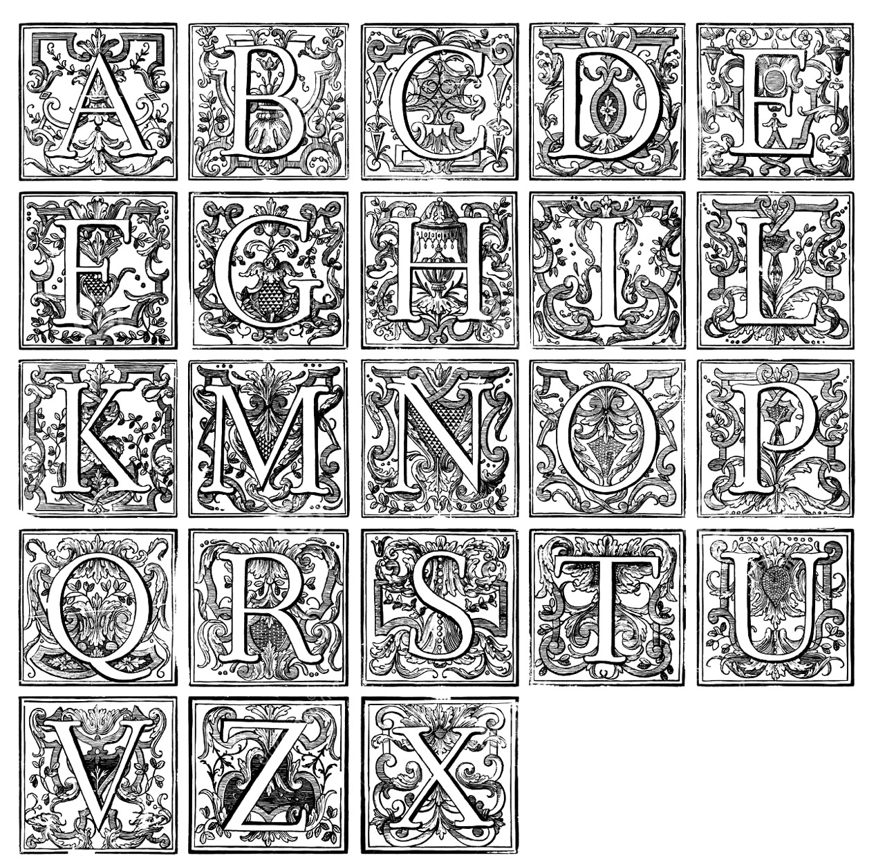 Ancien alphabet agrémenté de divers motifs décoratifs. A imprimer et colorier !