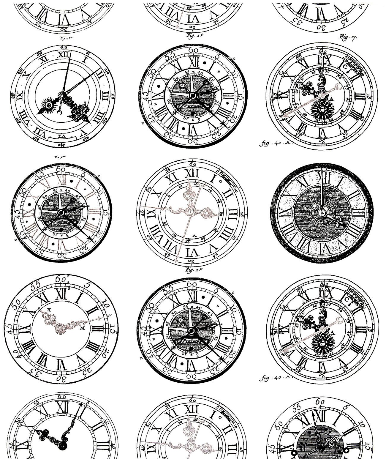 Gravure de Montres anciennes, très diversifiées dans leurs styles. A imprimer et colorier