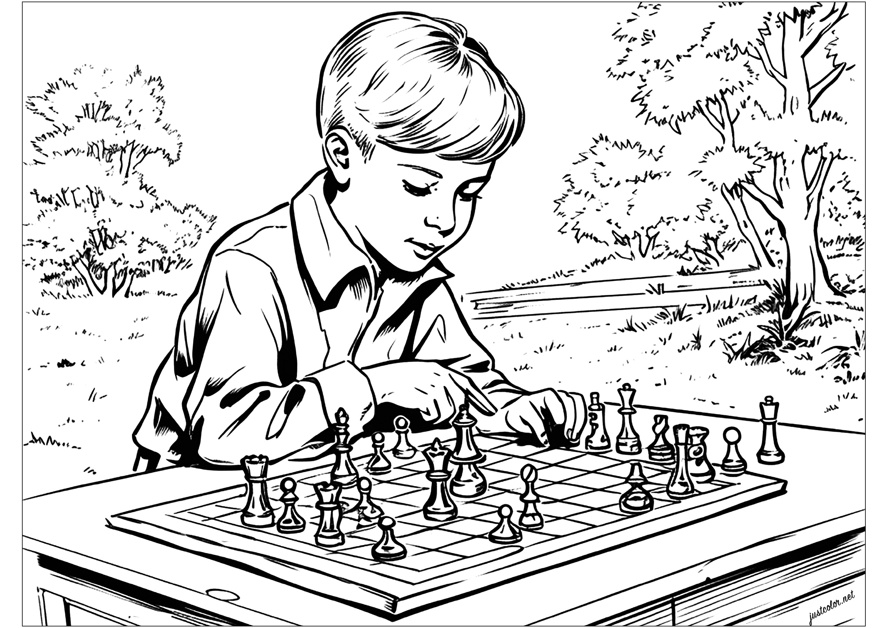 Coloriage d'un enfant jouant aux échecs. Un style inspiré des illustrations des livres de la moitié du XXe siècle