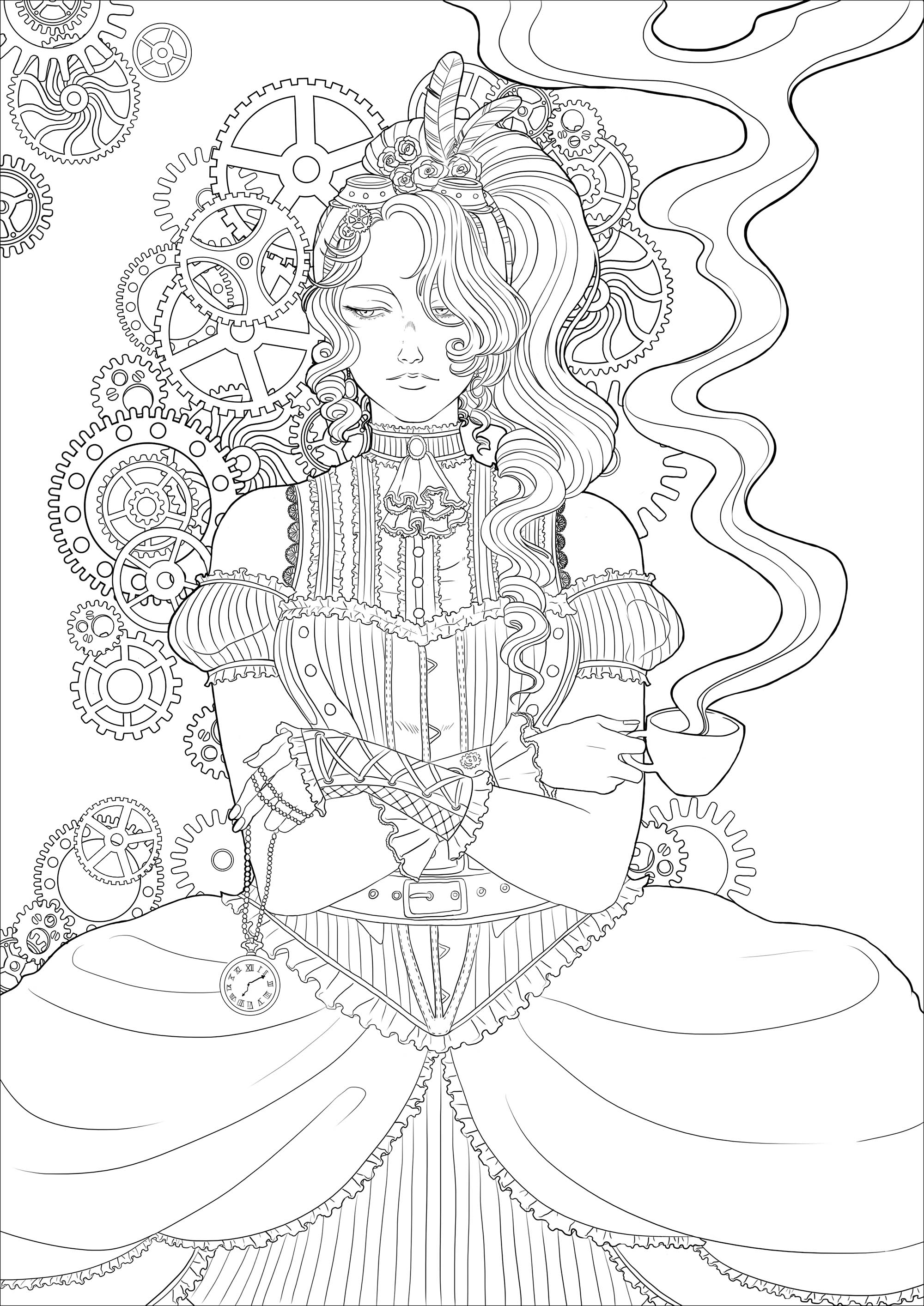 Coloriage d'une jeune femme mélancolique avec une tasse de thé, le tout dans un environnement victorien et des mécanismes, Artiste : Lestat Hallward Holmes