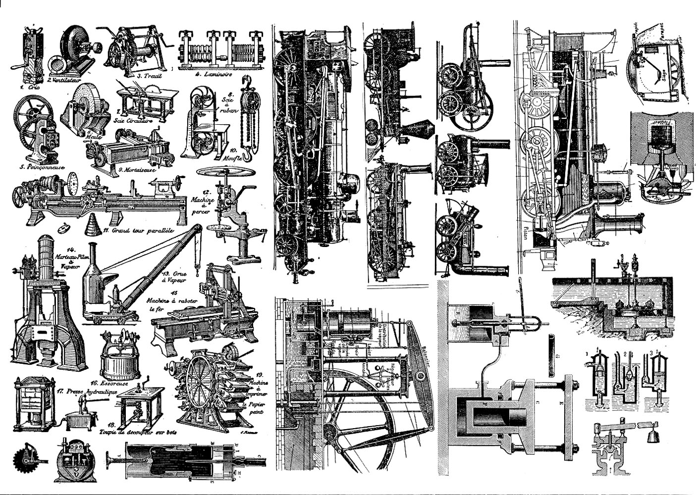 Gravure de pièces mécaniques d'une locomotive