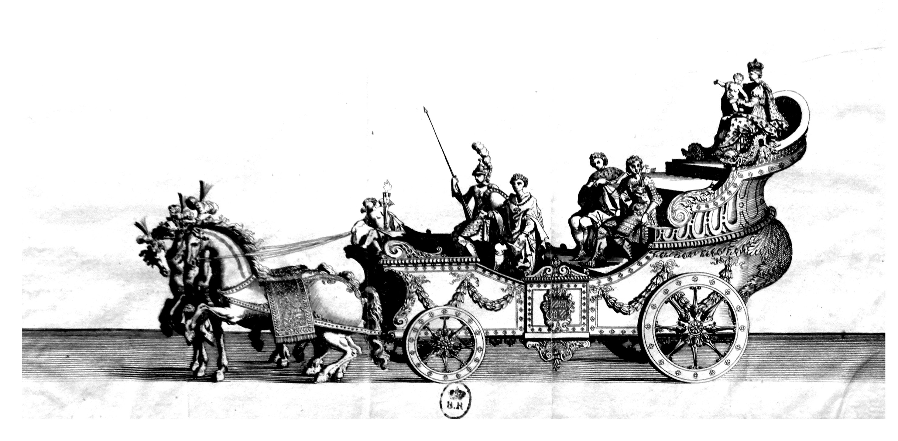 Gravure datant de 1682 : Parade en carrosse pour la naissance du Duc de Bourgogne. Très détaillé, cet ancien dessin peut être colorié