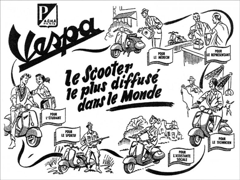 Une publicité pour les scooters Vespa datant des années 60, en noir et blanc, et donc coloriable