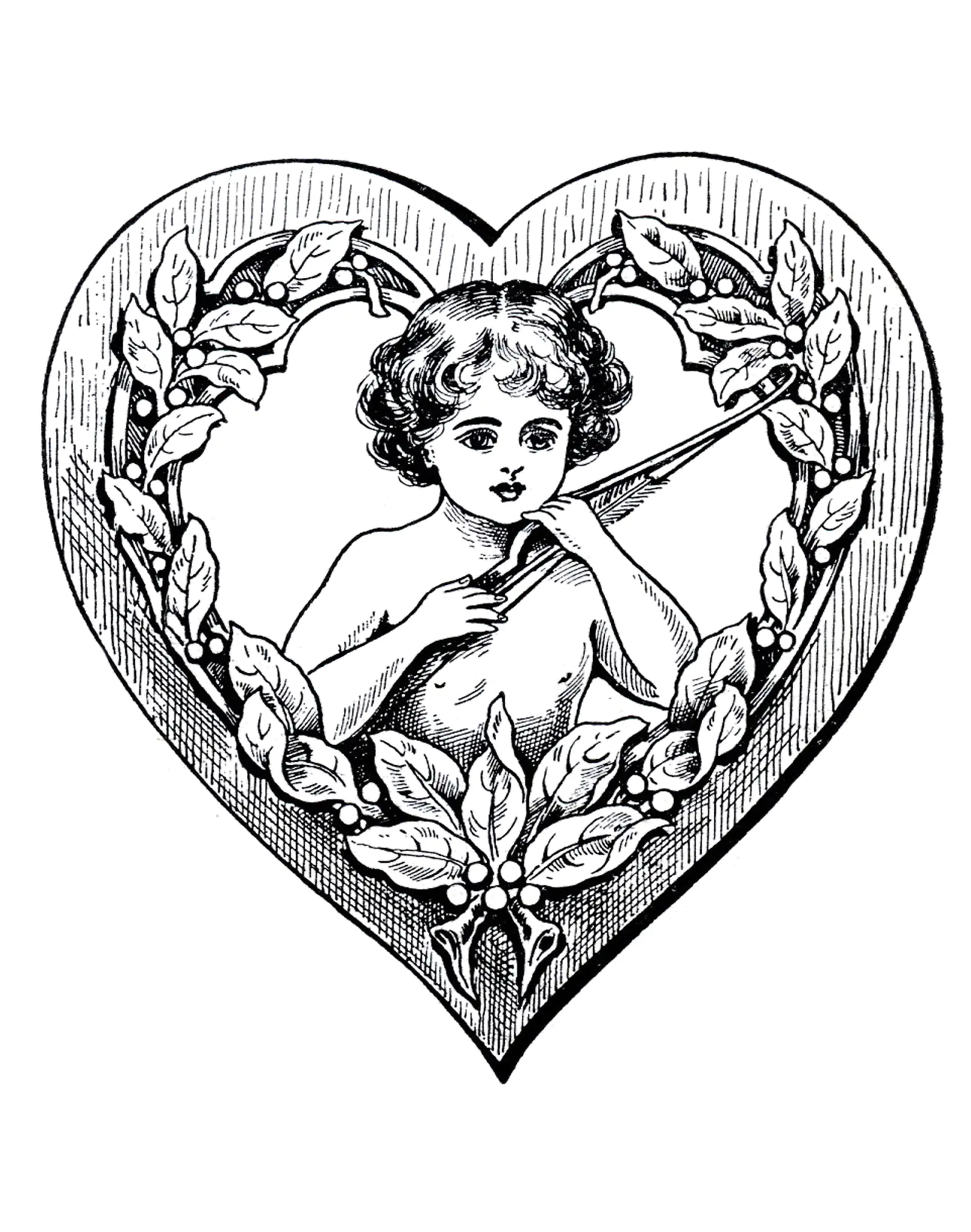 Vintage petit cupidon dans coeur (Coloriage à imprimer pour adultes)