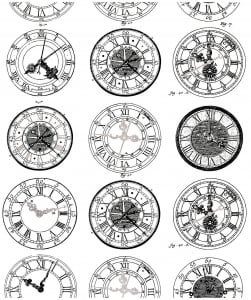 Gravure de Montres anciennes, très diversifiées dans leurs styles. A imprimer et colorier (Coloriage Vintage)