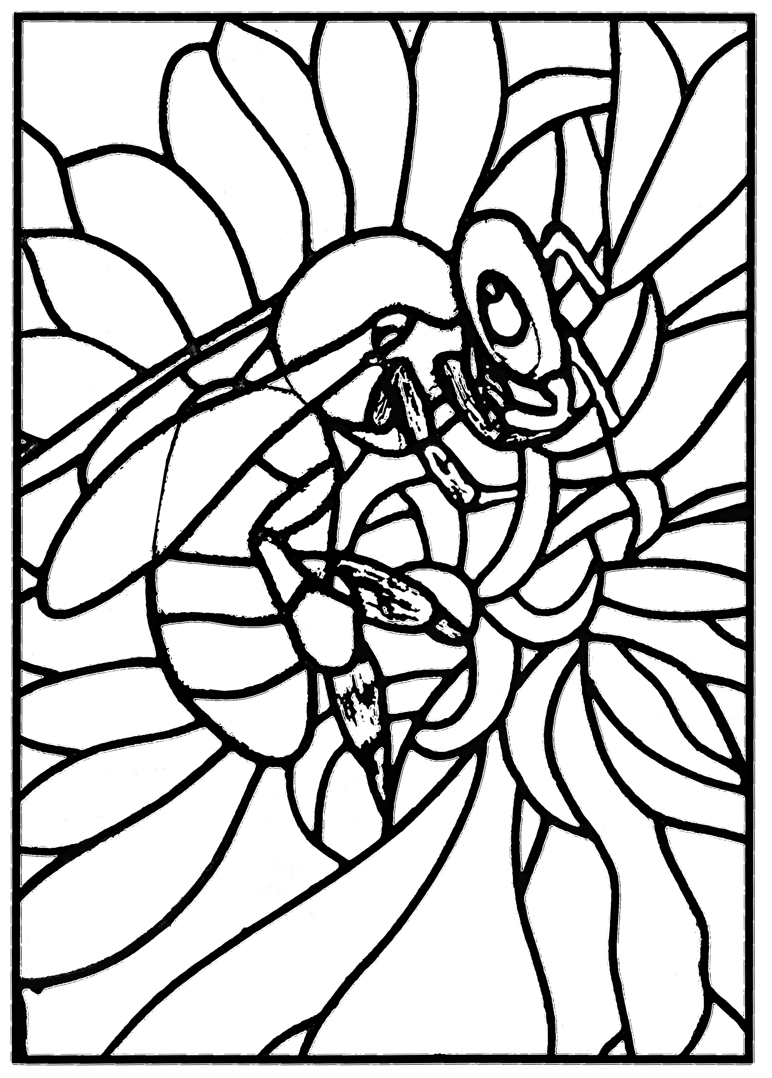 Un coloriage créé à partir d'un vitrail moderne représentant une abeille (Atelier JB Tosi, 2010)