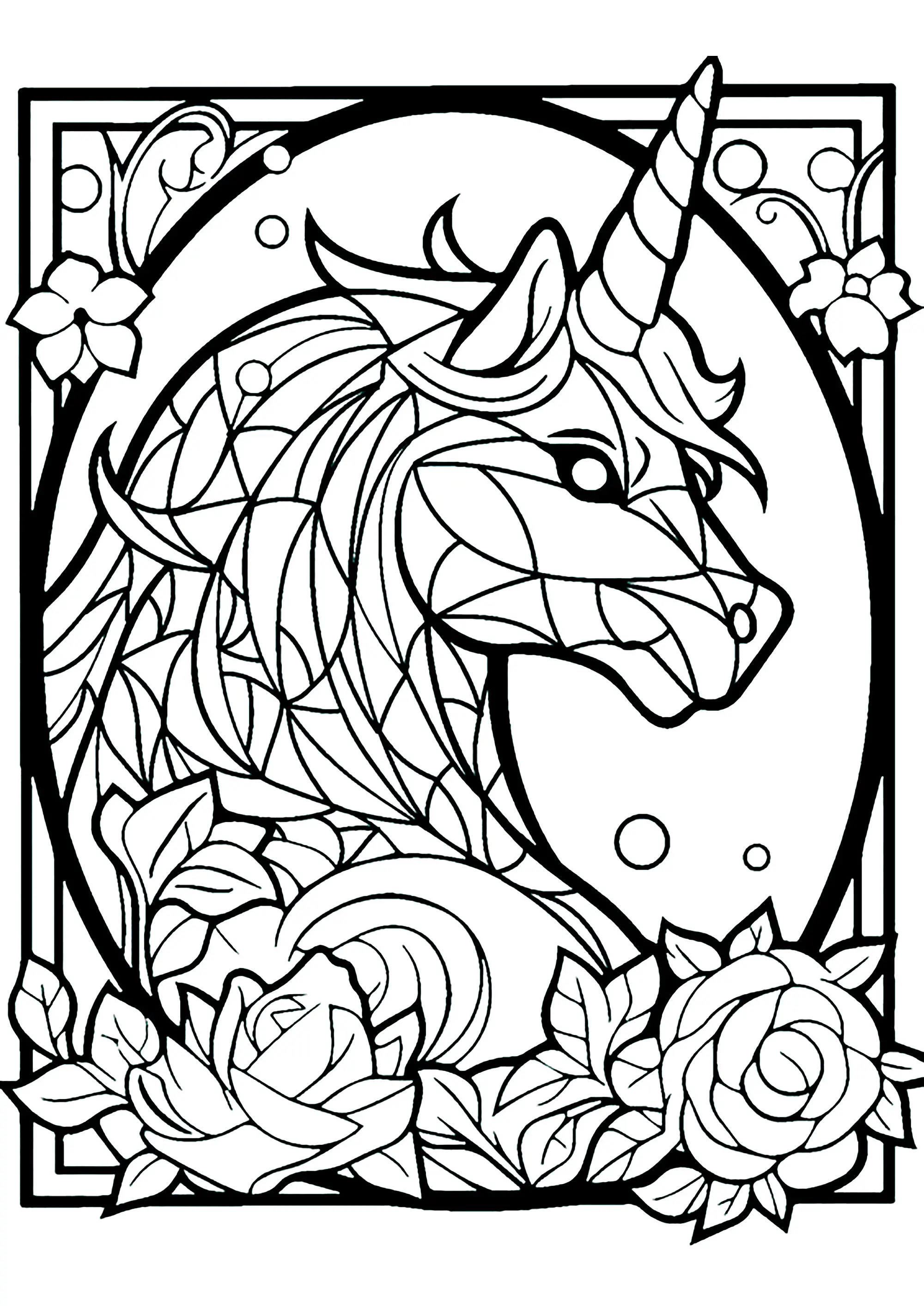 Vitrail imaginaire avec Licorne vue de profil et jolies fleurs (Coloriage de Vitraux à imprimer pour adultes)