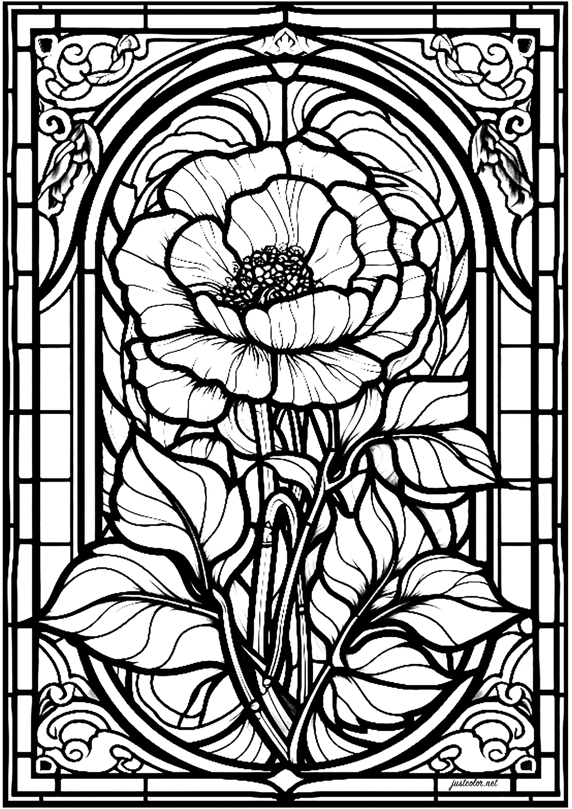 Vitrail fleur - 2 (Coloriage de Vitraux à imprimer pour adultes)