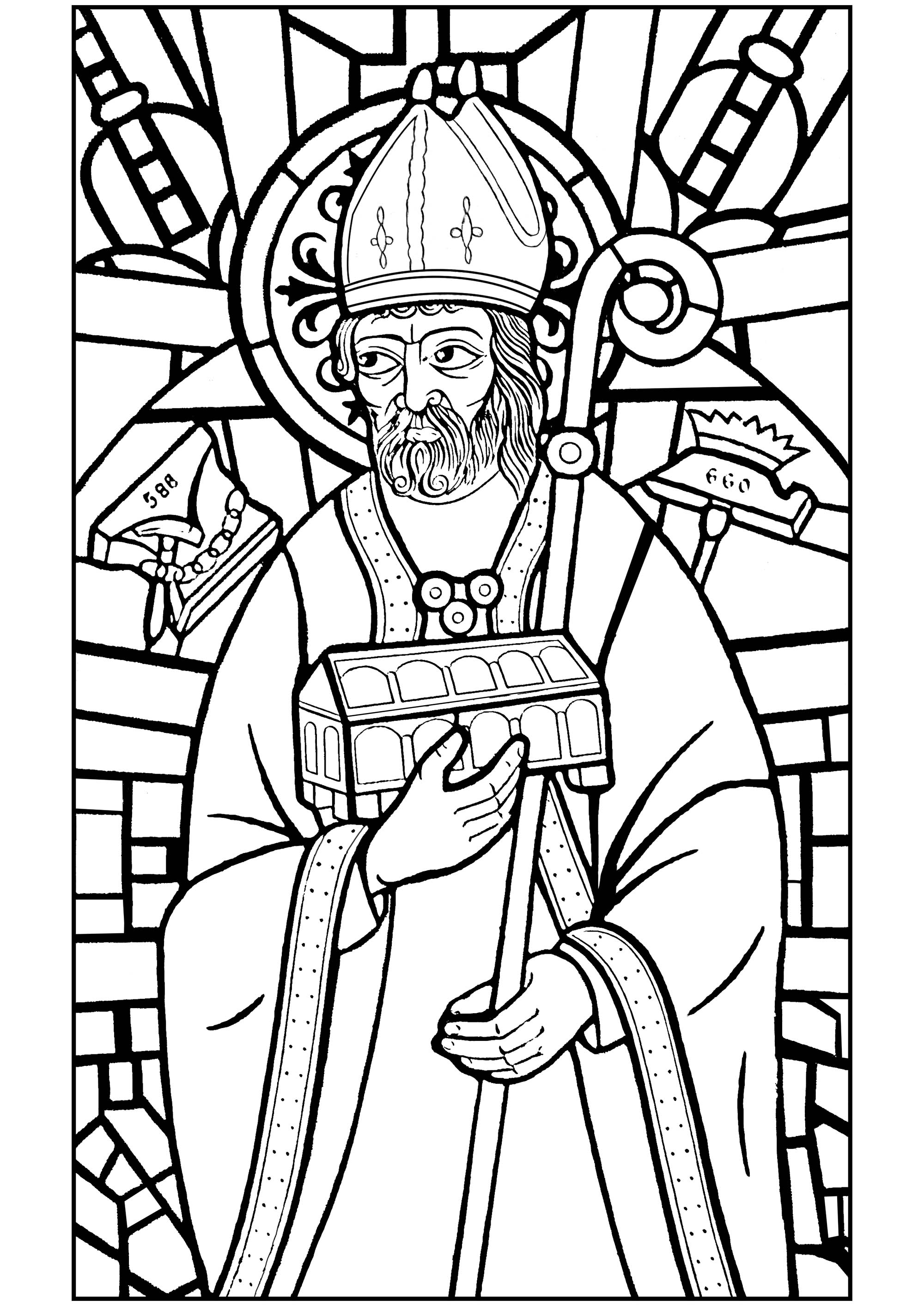 Saint Éloi est le patron de tous les artisans qui travaillent le métal : maréchal ferrant, charron, forgeron, cloutier, serrurier, taillandier...  Il est souvent représenté avec des tenailles et un marteau, une enclume et un fer à cheval. Voici un vitrail le représentant, transformé en coloriage.