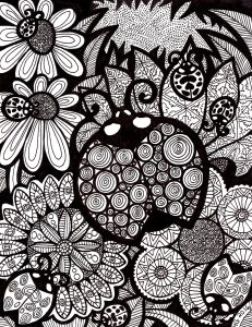 Coloriage de Zentangle à imprimer pour adultes : Les lignes de la coccinelle