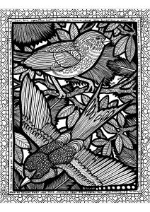 Coloriage de Zentangle à imprimer pour adultes : La ligne des oiseaux