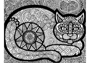 Coloriage de Zentangle à imprimer pour adultes : Les lignes du chat