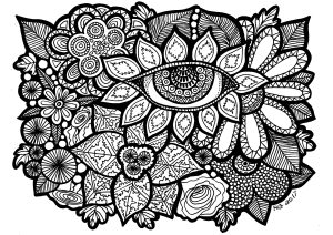 Coloriage de Zentangle à imprimer pour adultes : L'oeil du jardin.