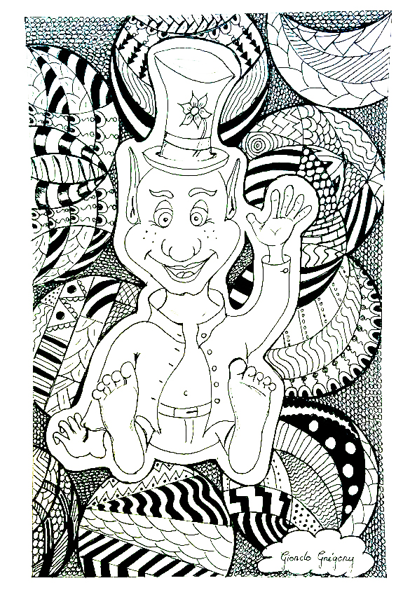 Un coloriage s'approchant fortement aux Zentangles avec une style propre à son Artiste, Artiste : Greg Giordo