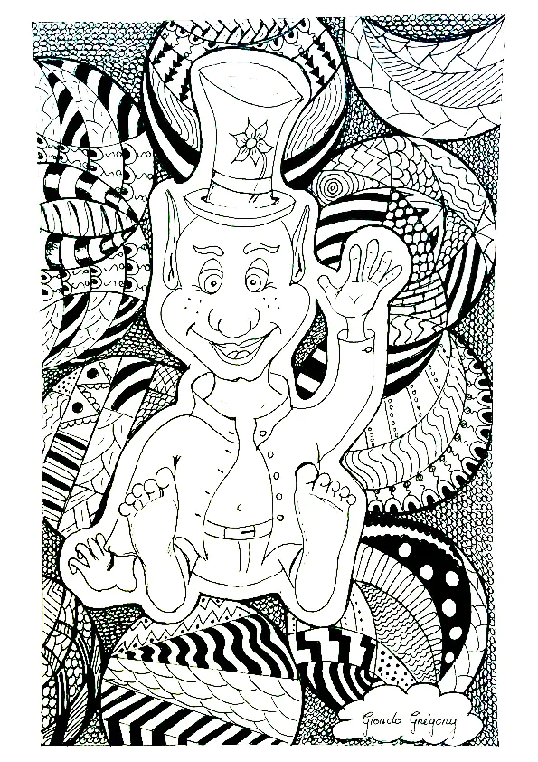 Lutin sur fond composé de motifs Zentangle (Coloriage à imprimer pour adultes)