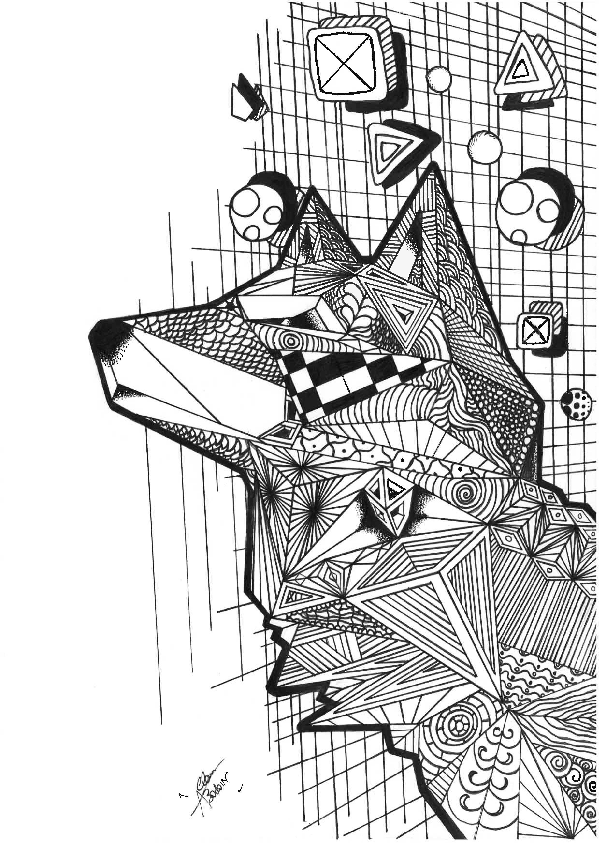 Coloriage d'un loup façon zentangle et cubique. Avec des lignes cubiques et des motifs Zentangle, ce coloriage est à la fois complexe et fascinant. Le loup représenté est à la fois puissant et mystérieux, et sa composition est à la fois exigeante et relaxante, Artiste : Allan