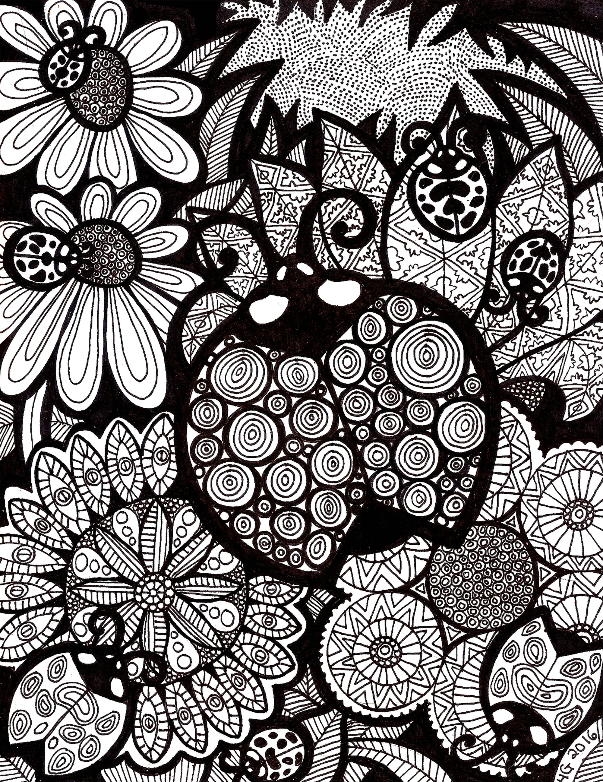 Les lignes de la coccinelle (Coloriage d'HGCreativeArts à imprimer pour adultes)