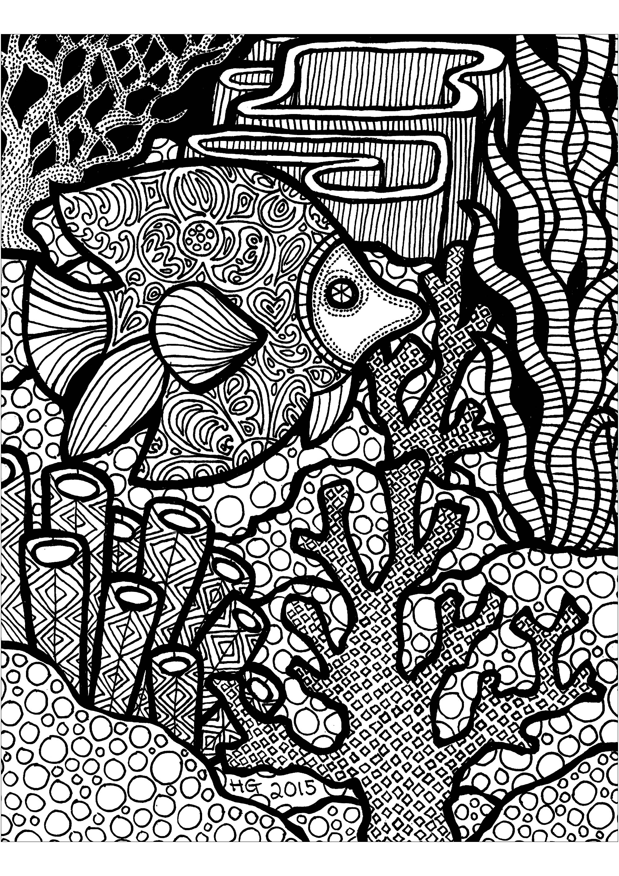 Découvrez ce récif Zentangle et son magnifique poisson, Artiste : HGCreative. Arts