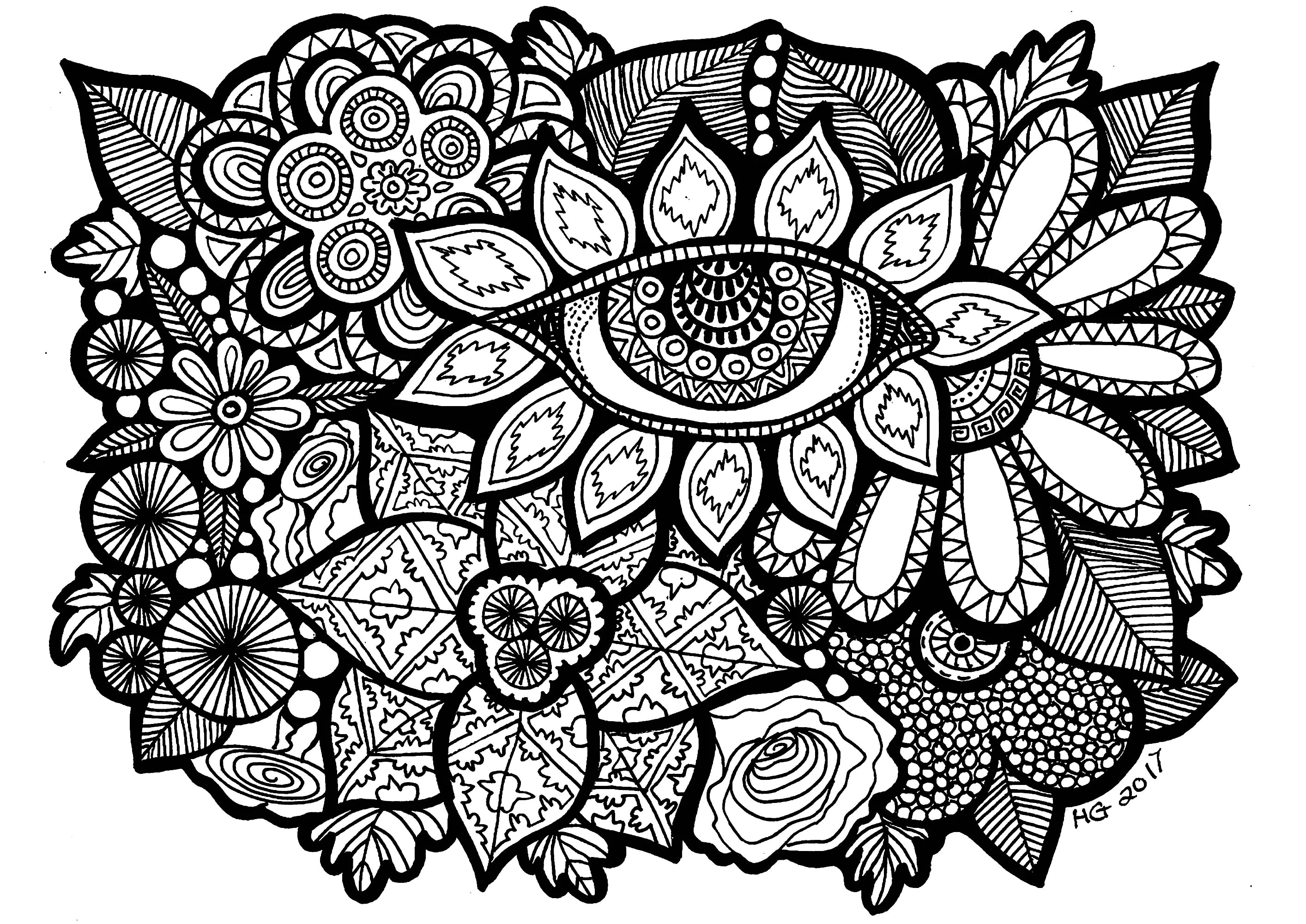 L'oeil du jardin. (Coloriage de Zentangle à imprimer pour adultes)