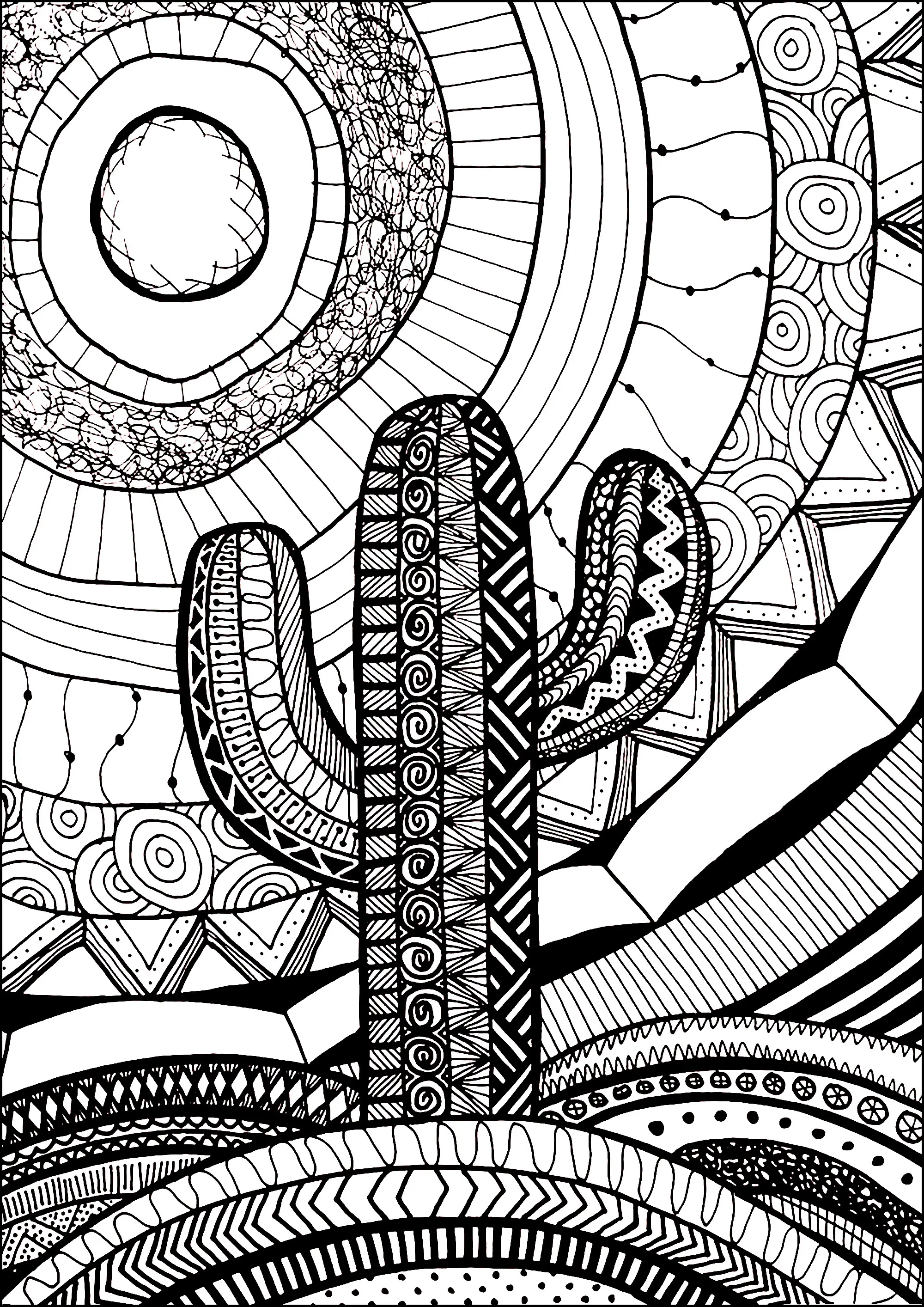 Cactus sous le soleil (Coloriage de Zentangle à imprimer pour adultes)