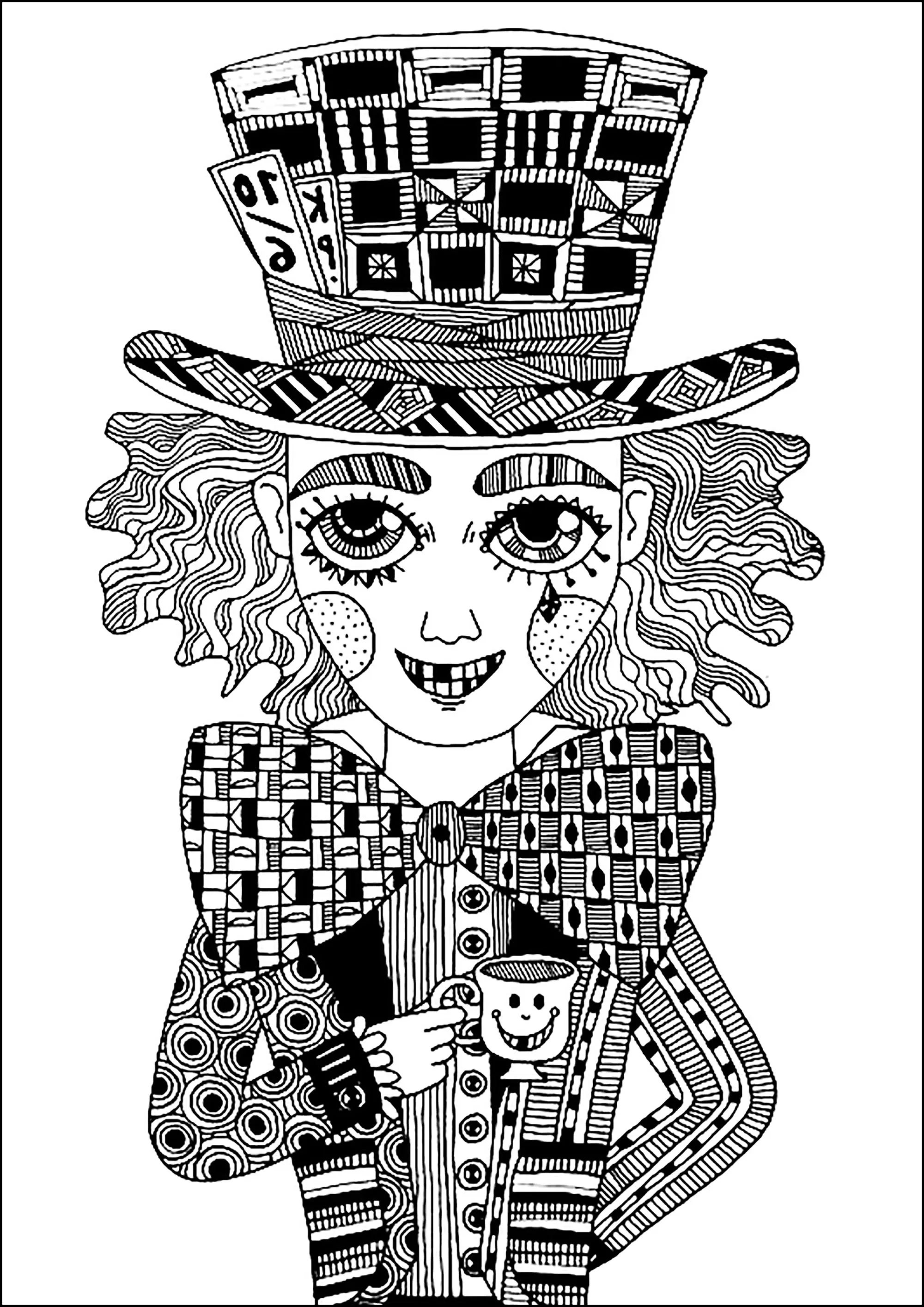 Le Chapelier Fou, dessiné avec motifs Zentangle (Coloriage à imprimer pour adultes)
