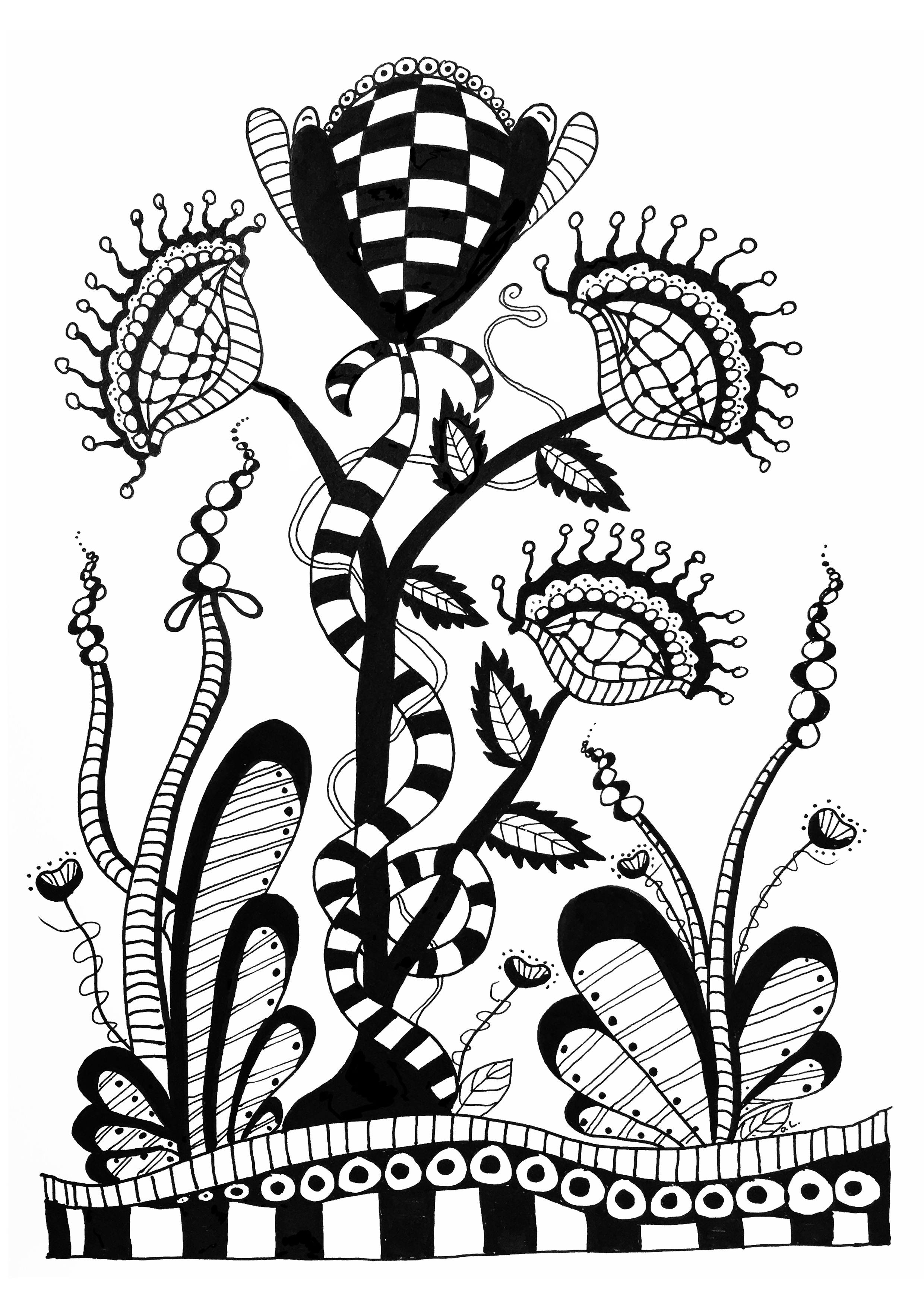 Fleurs sauvages, Zentangle à colorier. Ces fleurs sauvages sont délicatement dessinées en utilisant la technique du Zentangle, créant ainsi une image unique et captivante, Artiste : Olivier