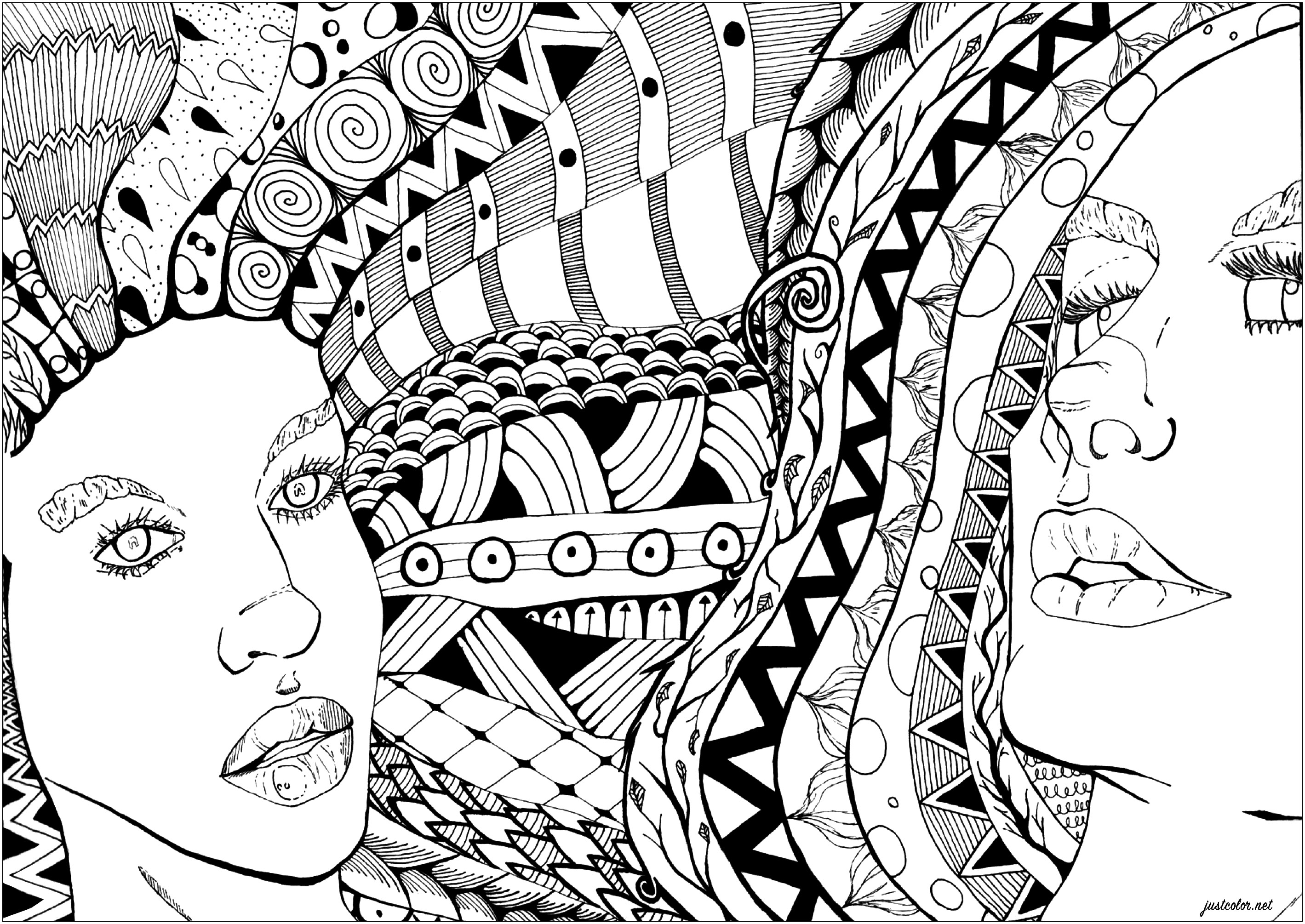 Un beau dessin qui attend vos talents de coloriage, mettant en vedette deux visages de femmes aux cheveux complexes avec des motifs dessinés dans le style Zentangle. Préparez-vous à être absorbé par les détails fascinants de chaque mèche et laissez libre cours à votre imagination avec des choix de couleurs pour donner vie à ces magnifiques portraits, Artiste : Amazian Y-A