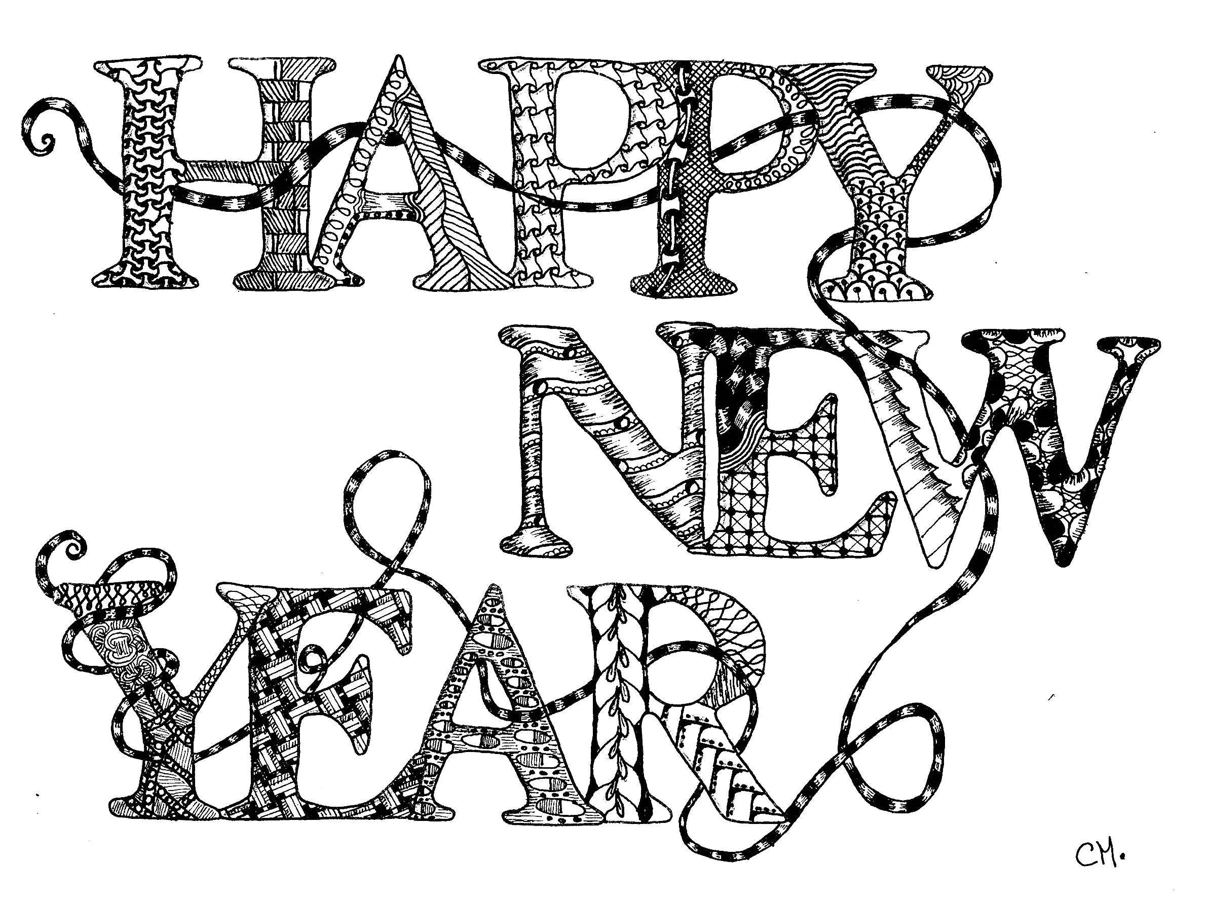 Bonne année (Coloriage de Zentangle à imprimer pour adultes)