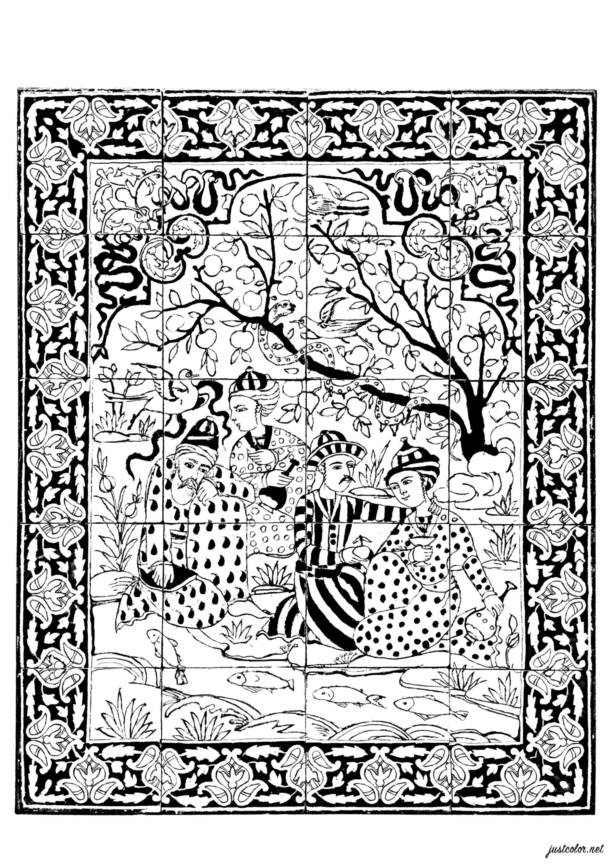 Uomini presso un ruscello – motivo murale persiano (Iran, XVIII secolo) (Pagina Orientale da Colorare per adultos)