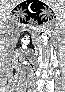 Aladino e la lampada magica sotto la falce di luna (Pagina Orientale da Colorare)