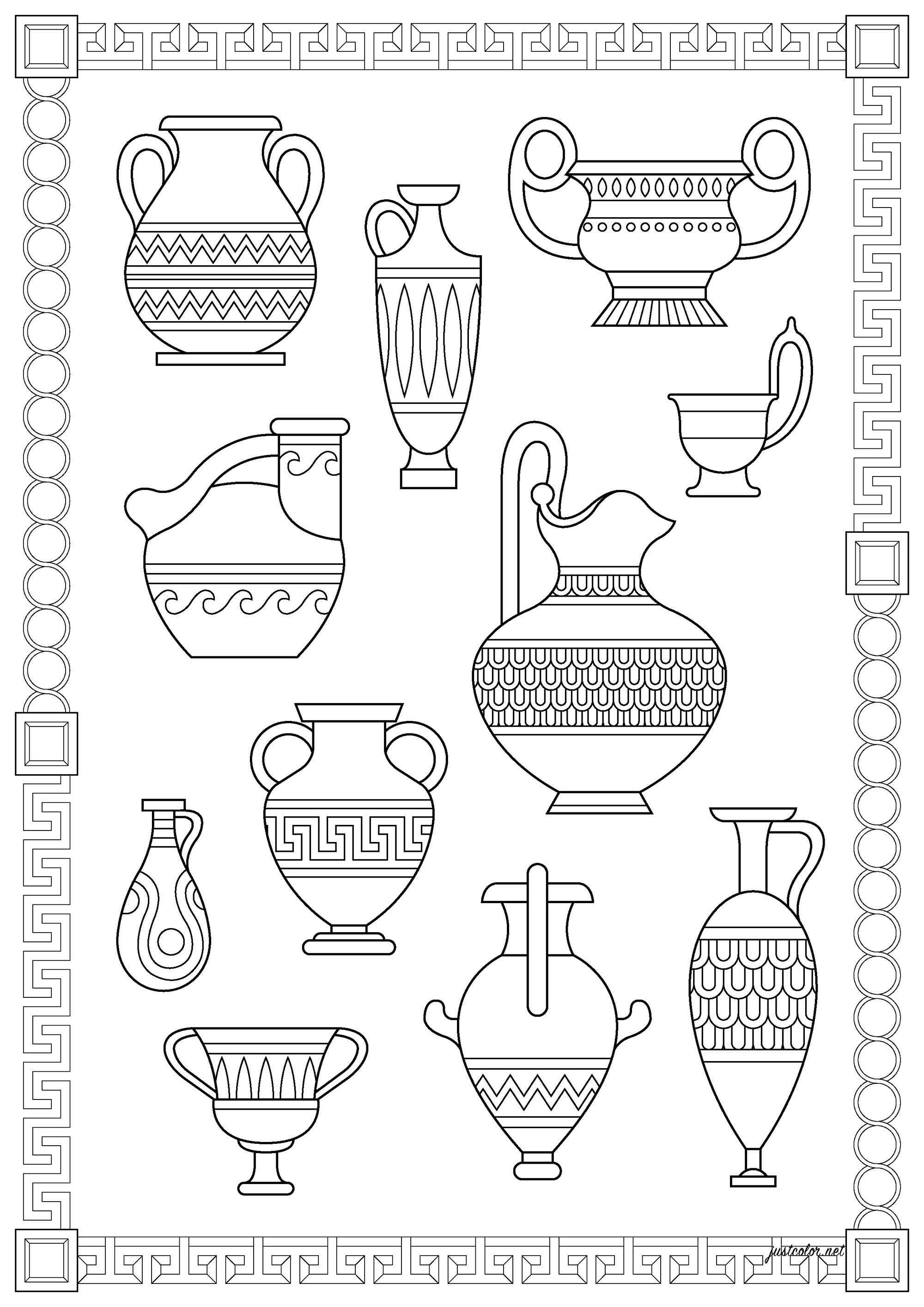 Inventario di diversi vasi greci.  La ceramica dell'antica Grecia, dal 1000 al 400 a.C. circa, fornisce alcune delle più antiche e diverse rappresentazioni delle credenze e delle pratiche culturali degli antichi greci e anche alcune delle forme di vaso più caratteristiche dell'antichità.
