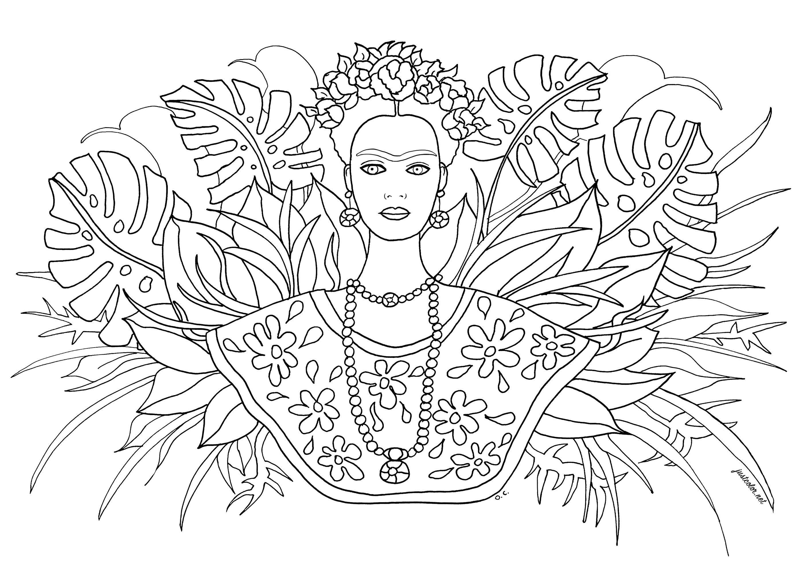 La pittrice messicana Frida Kahlo e vari tipi di foglie sullo sfondo. Lo sapevate? Nel corso della sua carriera, Frida Kahlo ha realizzato 143 dipinti, tra cui 55 autoritratti. Kahlo ha dichiarato: 'Dipingo me stessa perché sono spesso sola e perché sono il soggetto che conosco meglio'. I suoi autoritratti includono spesso interpretazioni di ferite fisiche e psicologiche.