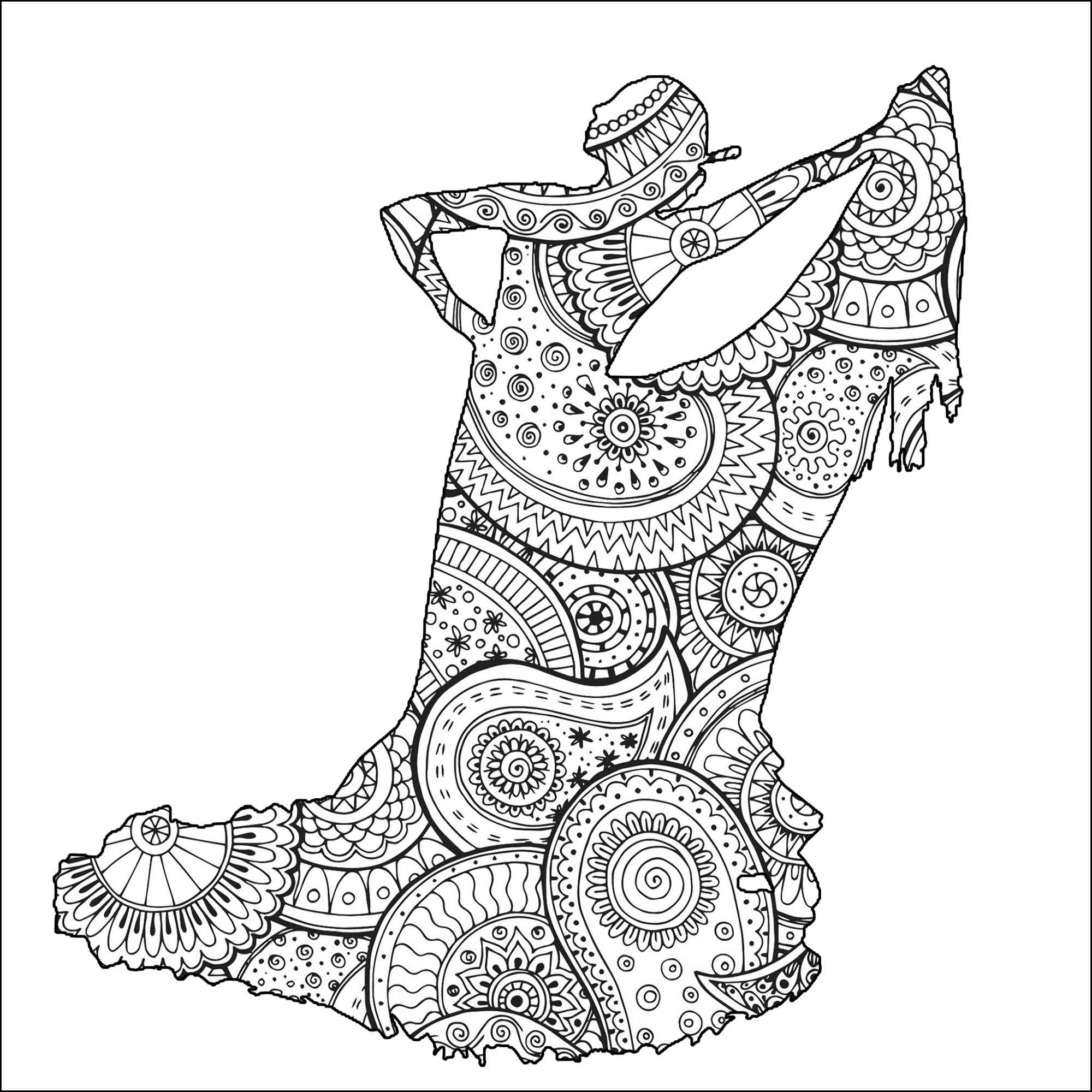 Bella forma di ballerina di flamenco femminile con motivi Zentangle e paisley