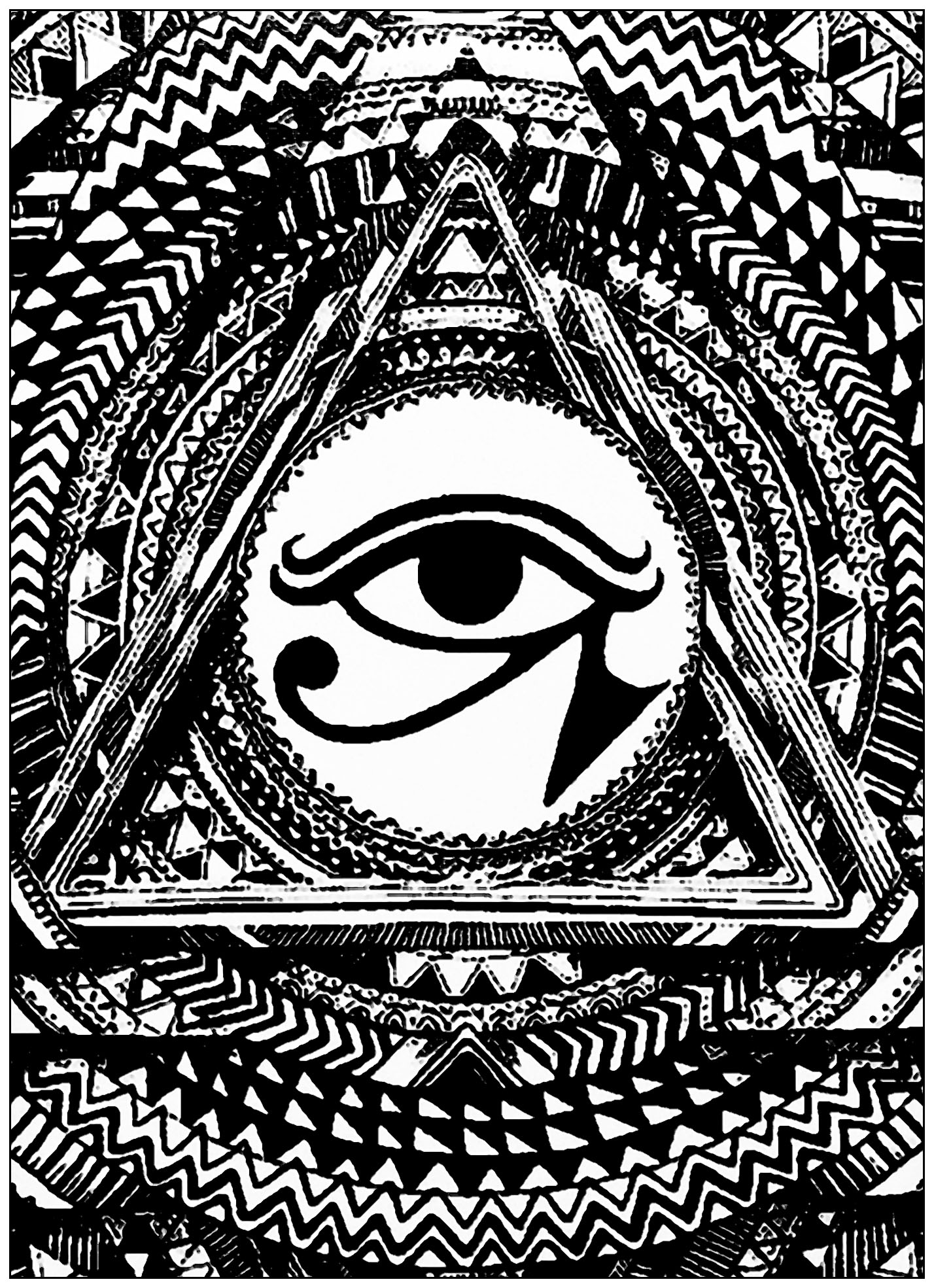 Occhio di Horus in un triangolo. L'Occhio di Horus era usato come segno di prosperità e protezione, derivato dal mito di Iside e Osiride. Questo simbolo ha una sorprendente connessione tra struttura e funzione neuroanatomica.