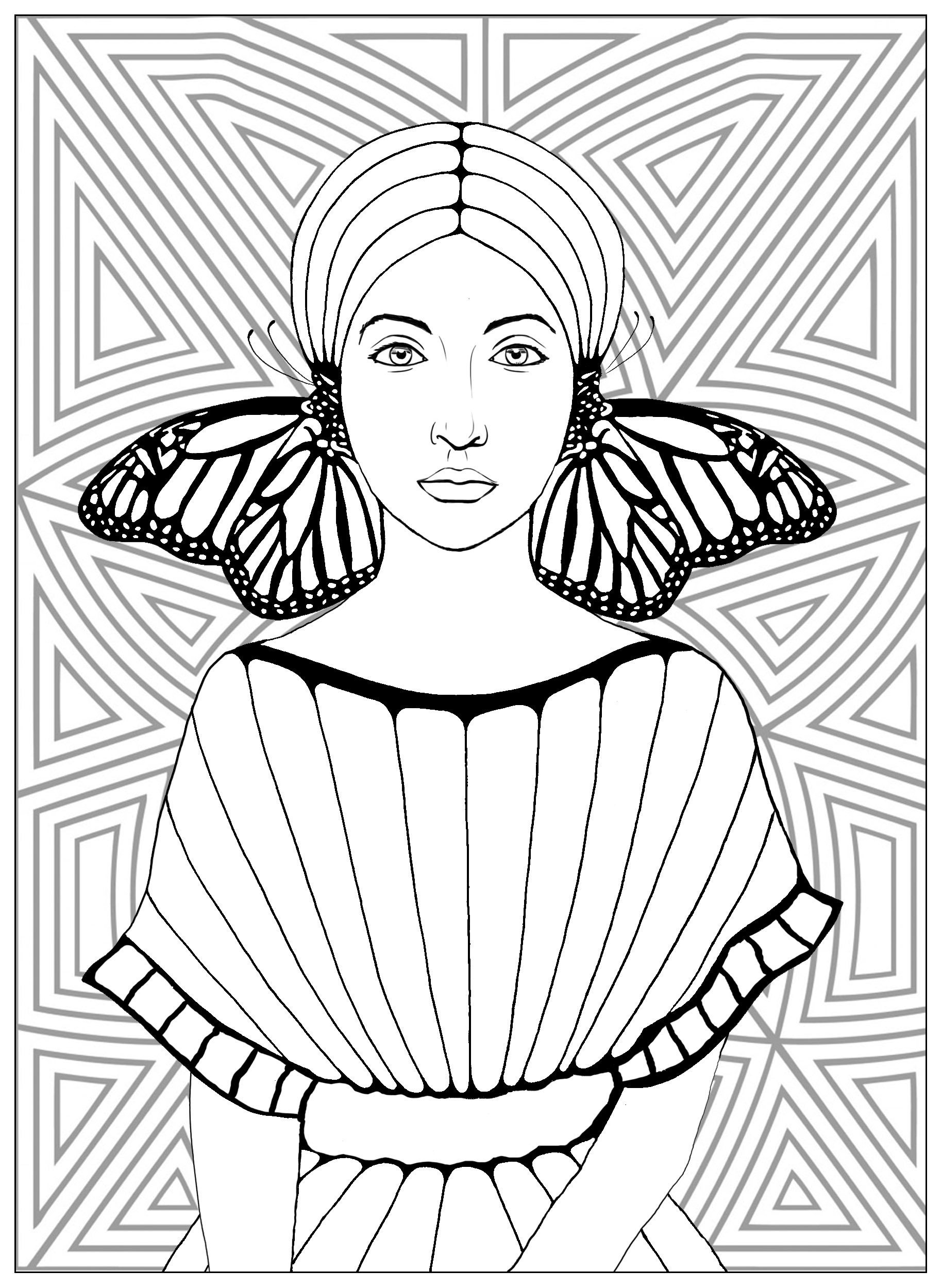 Donna con ali di farfalla nell'orecchino e bello sfondo con motivi geometrici