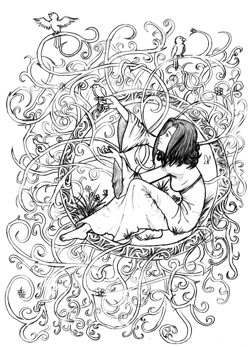 Una graziosa principessa racchiusa in un disegno di rami, rovi e radici