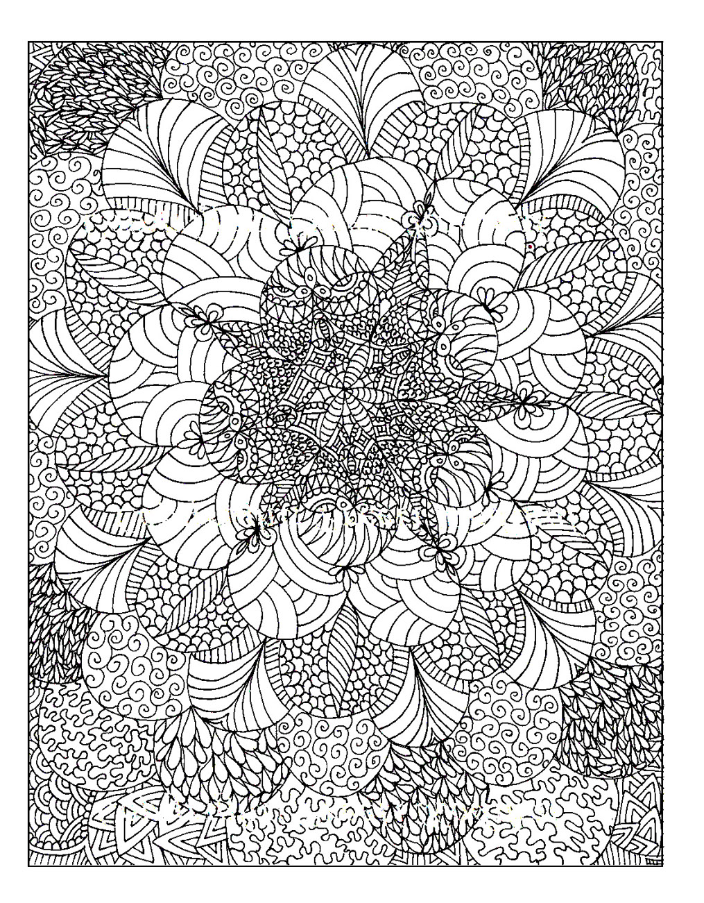 Pagina da colorare intricata costituita da cerchi irregolari composti da vari motivi Pagina da colorare intricata costituita da cerchi irregolari composti da vari motivi