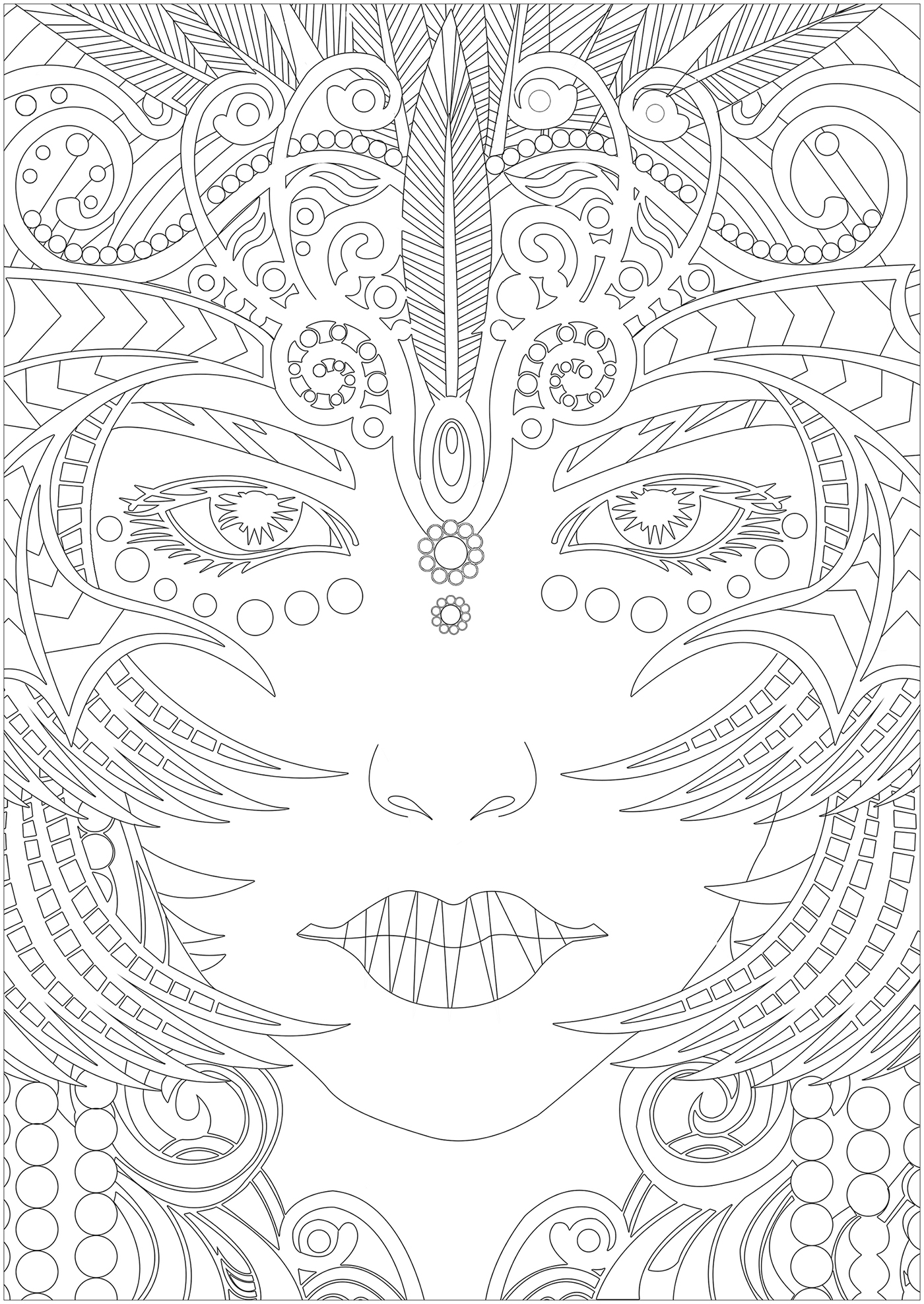 Colorate questo magnifico viso di donna pieno di piccoli dettagli.  Basato su un disegno di Cristina Mcallister