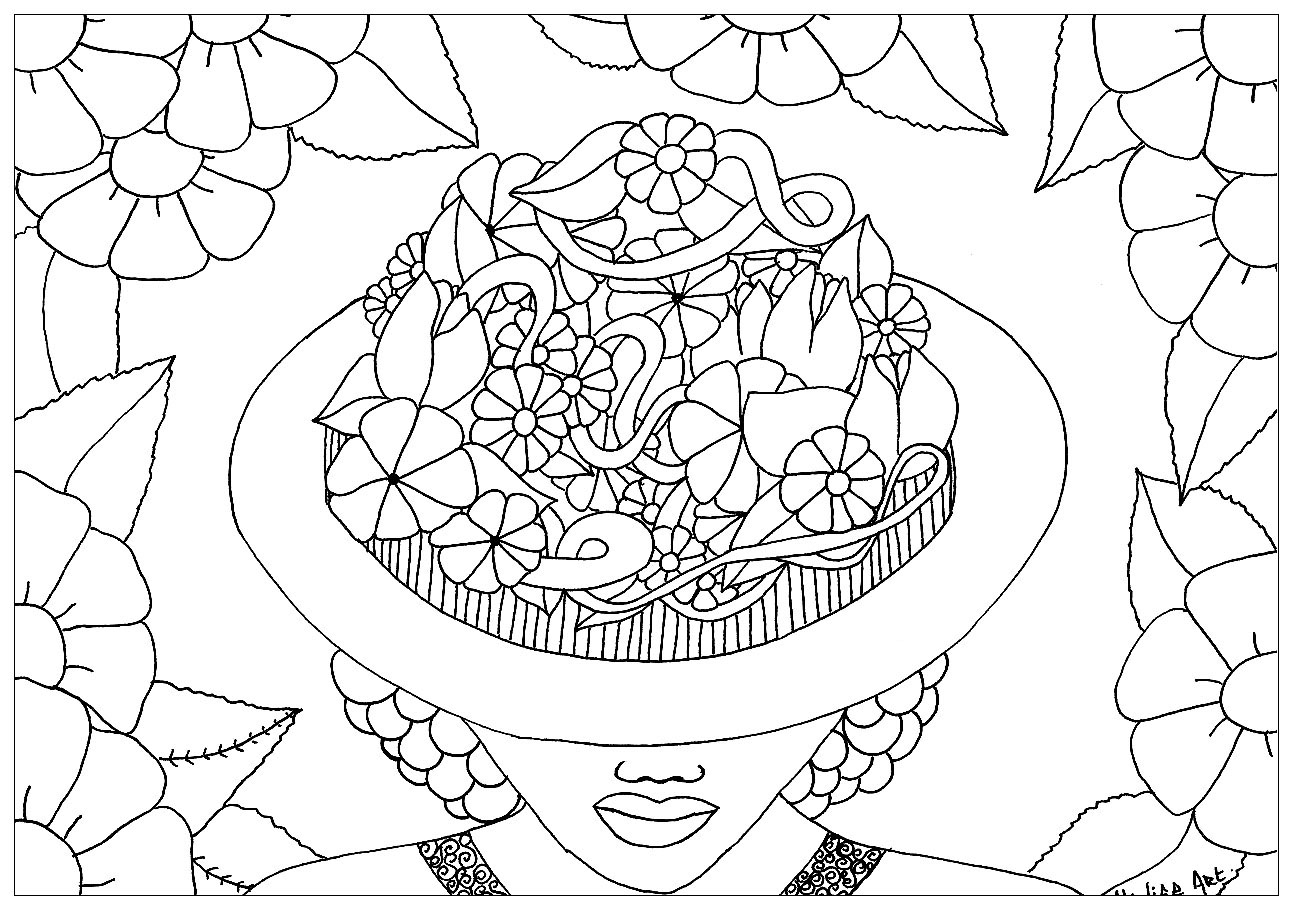 Donna con il viso nascosto dietro un cappello a fiori