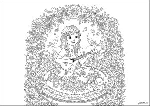 Cantante anni '70 tra i fiori (Pagina Anti-stress / Zen da Colorare)
