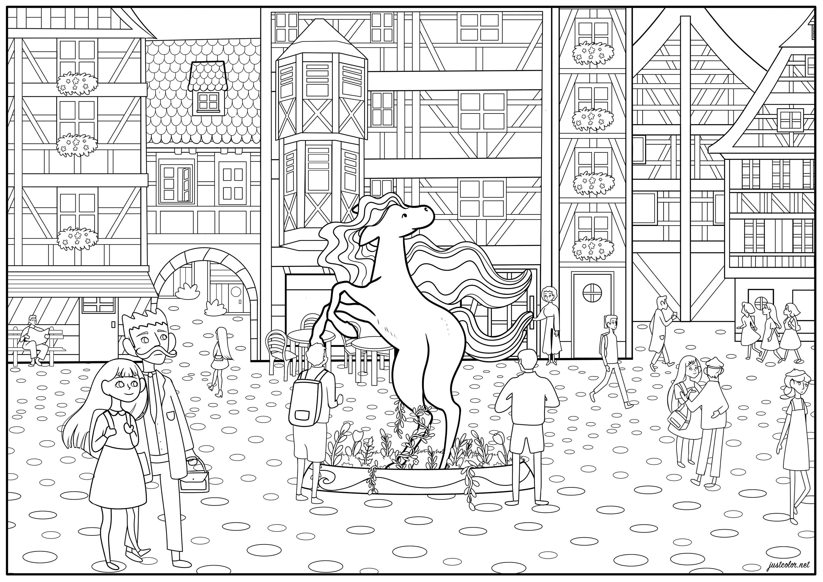 Pagina da colorare di un pomeriggio di sole in un centro città con case a graticcio e una statua di unicorno