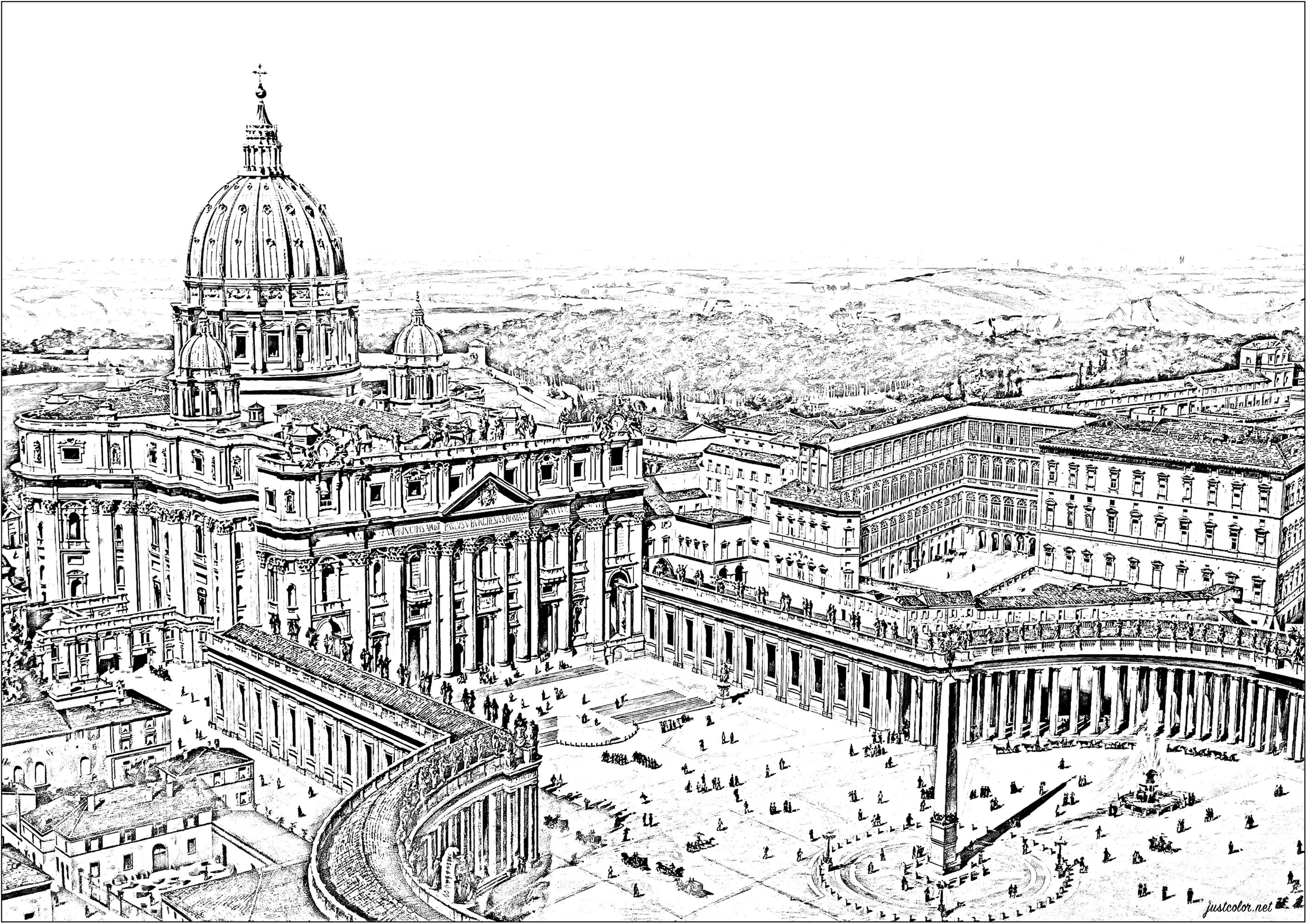 Piazza San Pietro a Roma, pagina da colorare basata su un'incisione del XIX secolo. Piazza San Pietro a Roma, un vero capolavoro architettonico, accoglie pellegrini da tutto il mondo da quando, nel 1506, iniziò la costruzione della Basilica di San Pietro. È circondata dagli eleganti bracci del colonnato del Bernini.