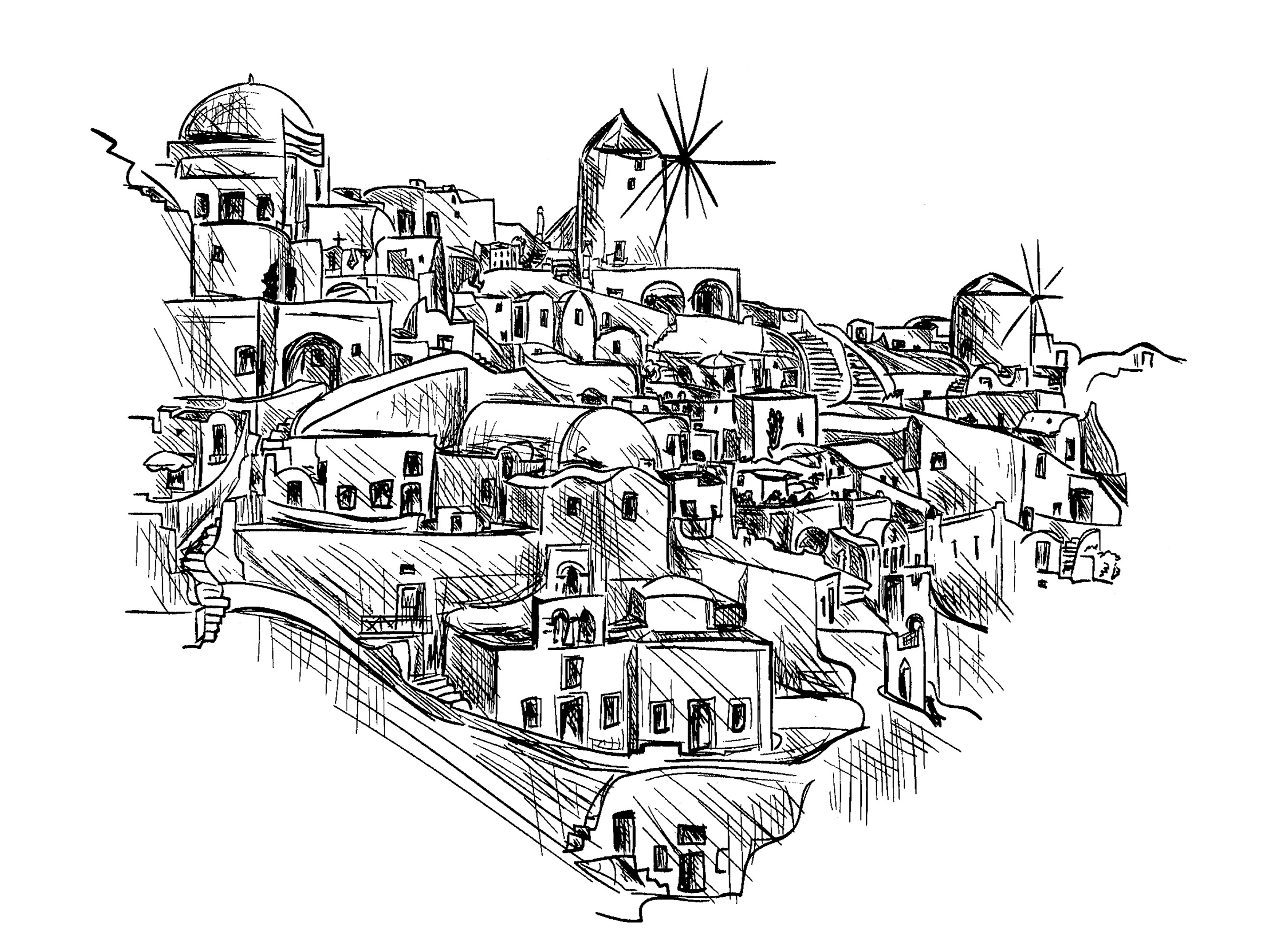 Disegno di un villaggio tradizionale in Grecia con mulino a vento e graziose case
