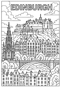 Castello di Edimburgo che domina la città (Scozia, Regno Unito) (Pagina Paesi, città e monumenti da Colorare)