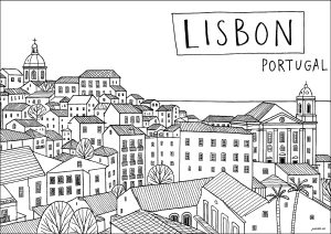 I tetti di Lisbona, Portogallo (Pagina Paesi, città e monumenti da Colorare)