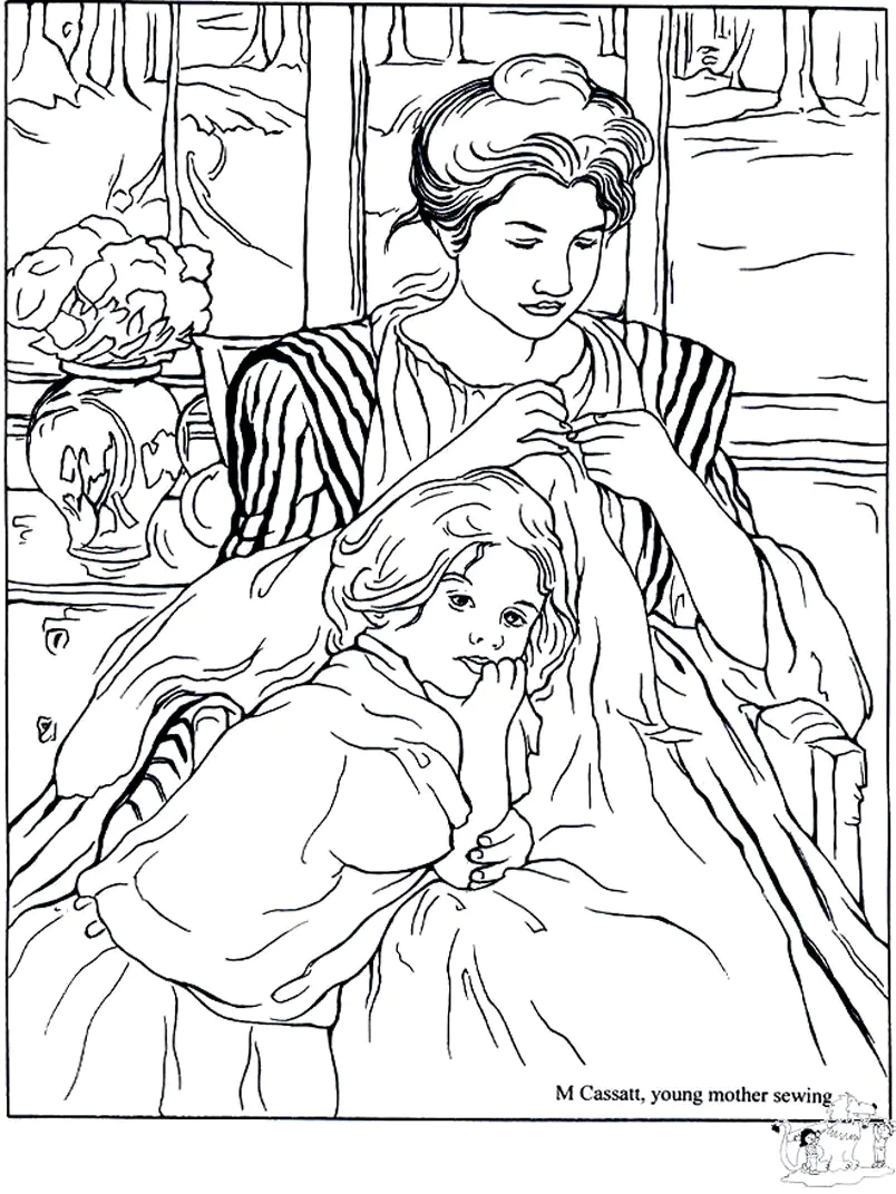 Mary Cassatt - Giovane madre che cuce (Pagina Opera d arte da Colorare per adultos)