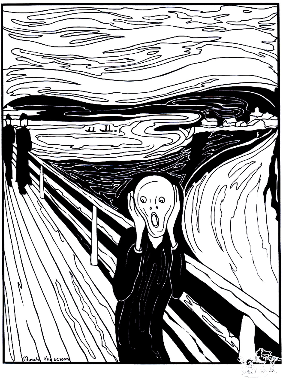 Colorazione basata sul dipinto 'L'urlo' (1893) di Edvard Munch'. L'Urlo' è un dipinto emblematico che rappresenta il senso di oppressione e di angoscia che a volte ci travolge.
Colorazione basata sul dipinto 'L'urlo' (1893) di Edvard Munch'. L'Urlo' è un dipinto emblematico che rappresenta il senso di oppressione e di angoscia che a volte ci travolge.